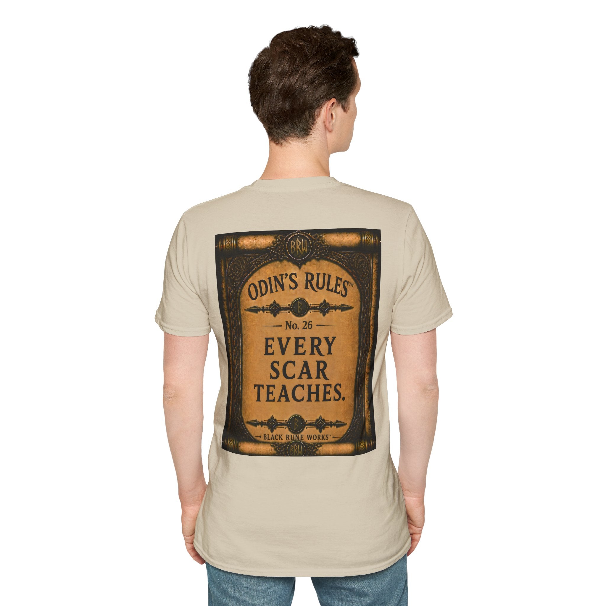 ODIN'S RULES™ No. 26 | Every Scar Teaches | Viking Scroll Graphic T-Shirt | Black Rune Works