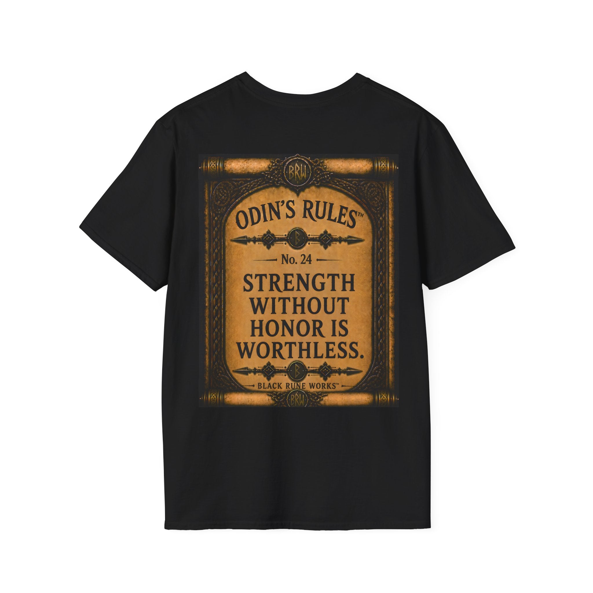 ODIN'S RULES™ No. 24 | Strength Without Honor Is Worthless | Viking Scroll Graphic T-Shirt | Black Rune Works