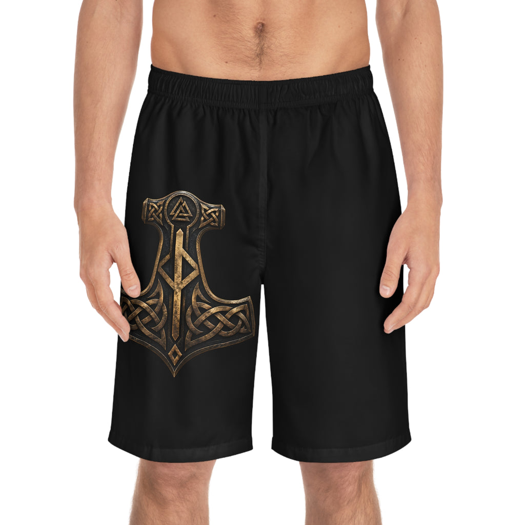 Bronze Mjölnir Board Shorts | Thor’s Hammer Norse Rune Shorts | Black Rune Works