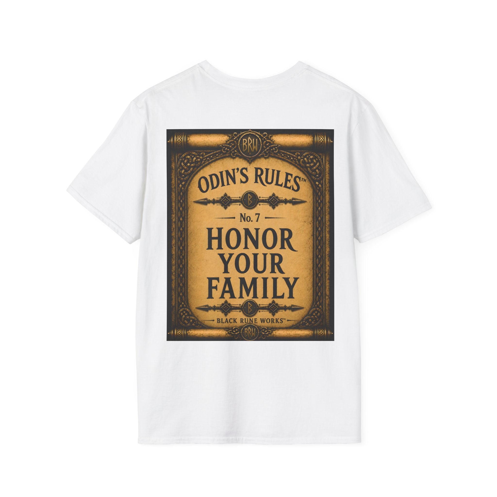 ODIN'S RULES™ No. 7 | Honor Your Family | Viking Scroll Graphic T-Shirt | Black Rune Works