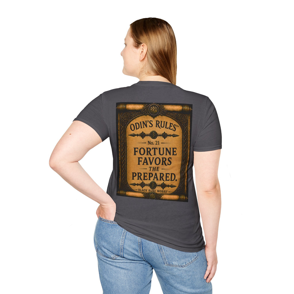 ODIN'S RULES™ No. 21 | Fortune Favors The Prepared | Viking Scroll Graphic T-Shirt | Black Rune Works
