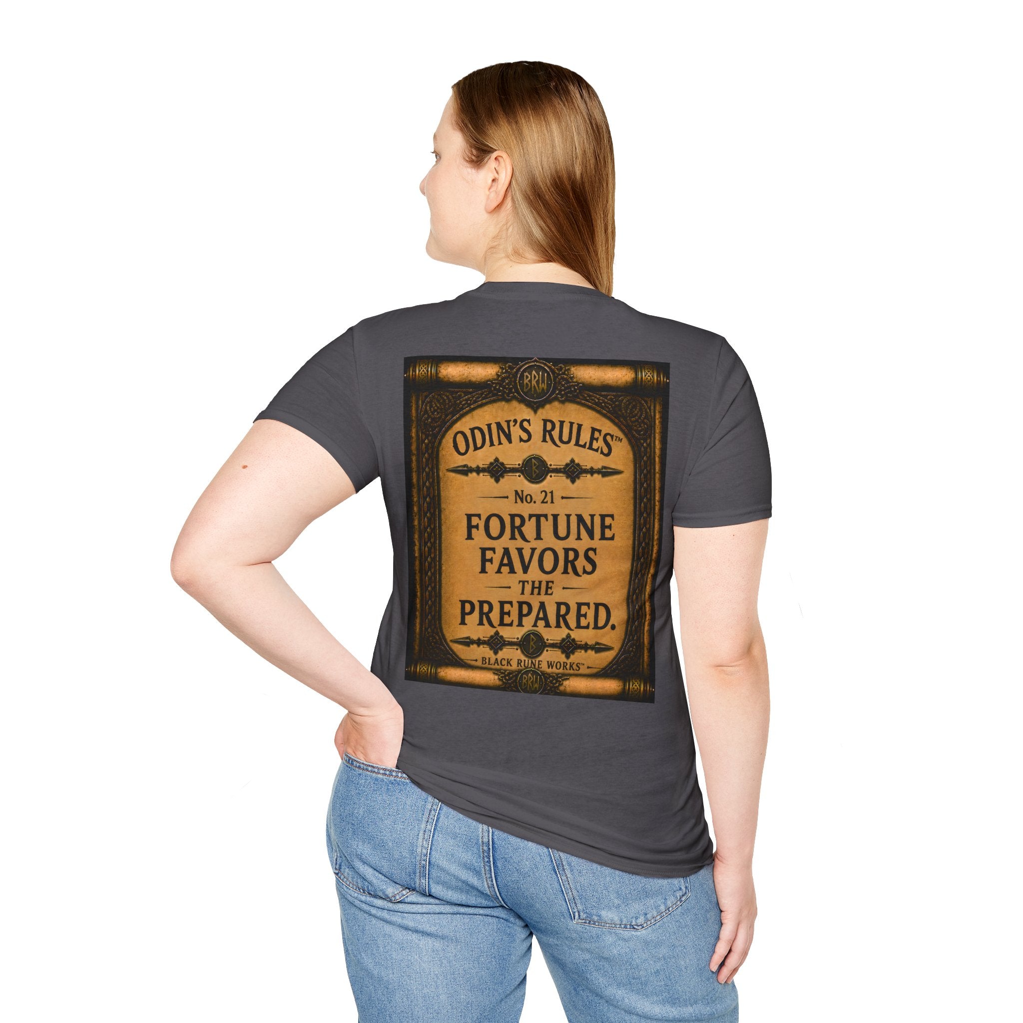 ODIN'S RULES™ No. 21 | Fortune Favors The Prepared | Viking Scroll Graphic T-Shirt | Black Rune Works