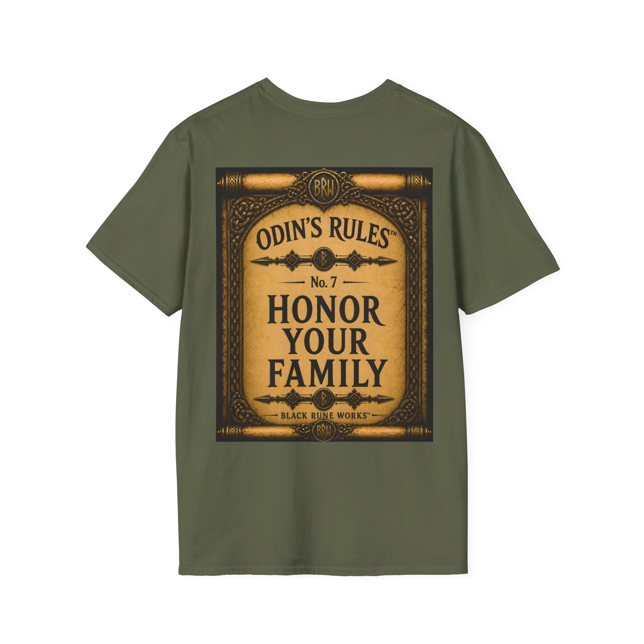ODIN'S RULES™ No. 7 | Honor Your Family | Viking Scroll Graphic T-Shirt | Black Rune Works
