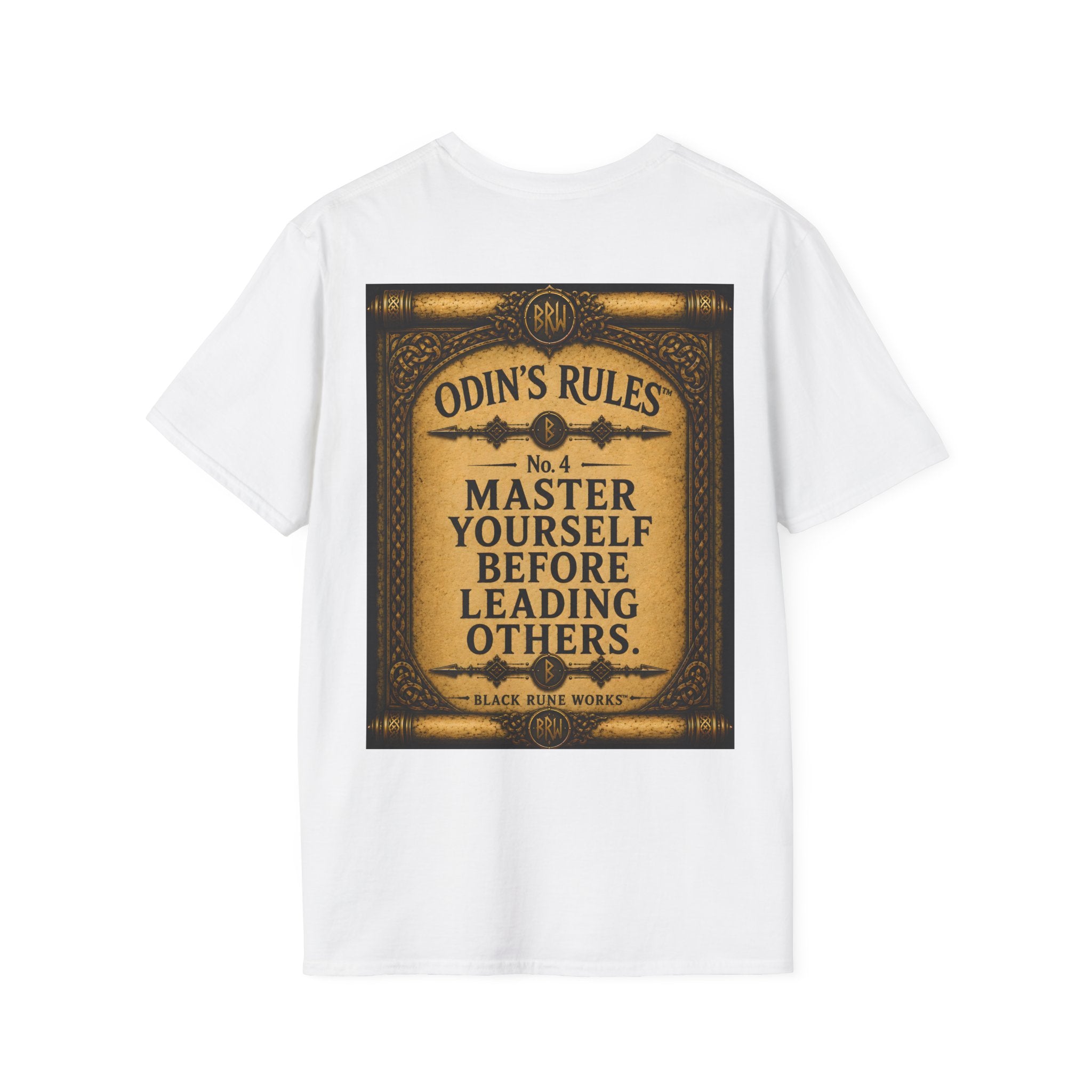 ODIN'S RULES™ No. 4 | Master Yourself Before Leading Others | Viking Scroll Graphic T-Shirt | Black Rune Works