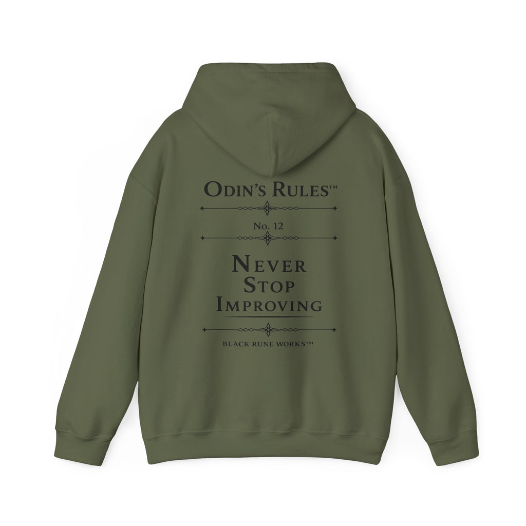 ODIN'S RULES™ Rule #12 | Never Stop Improving | Viking Norse Warrior Hoodie | Black Rune Works