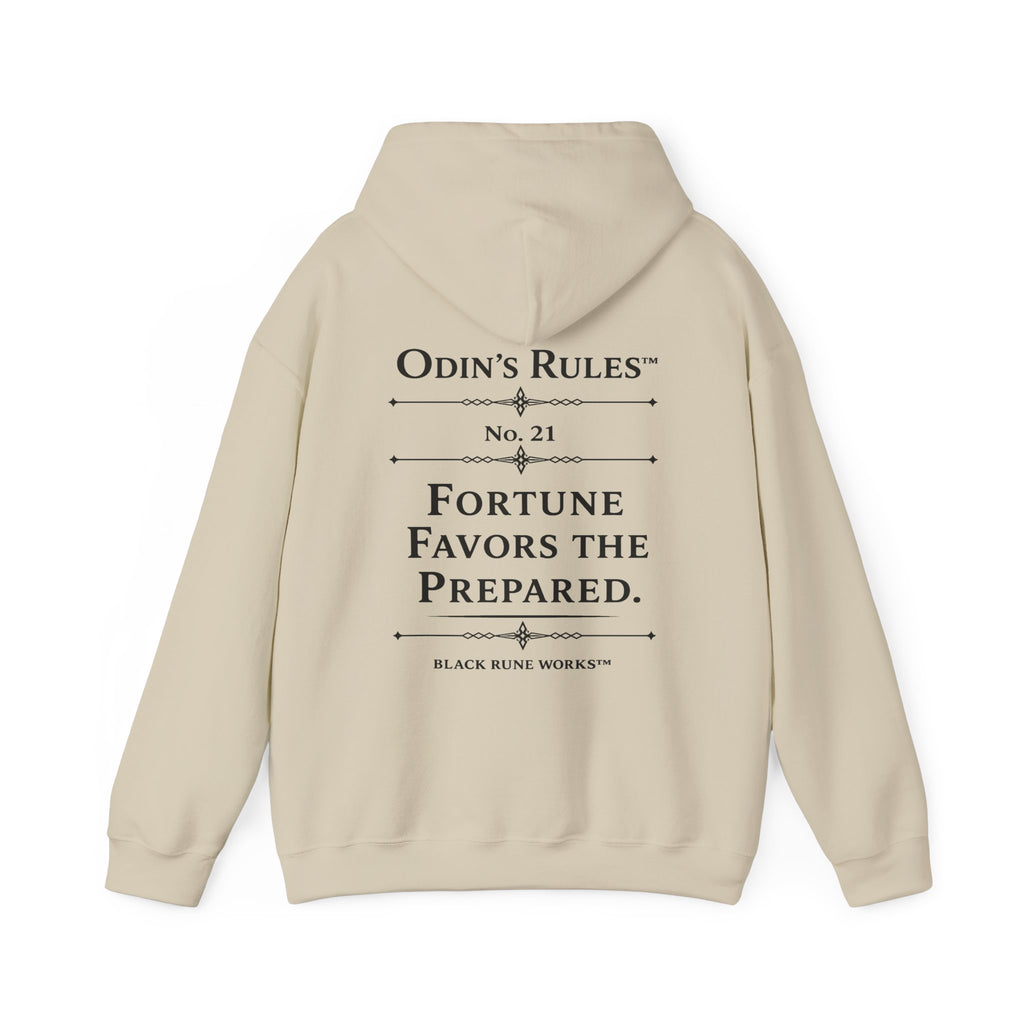 ODIN'S RULES™ Rule #21 | Fortune Favors the Prepared | Viking Norse Warrior Hoodie | Black Rune Works