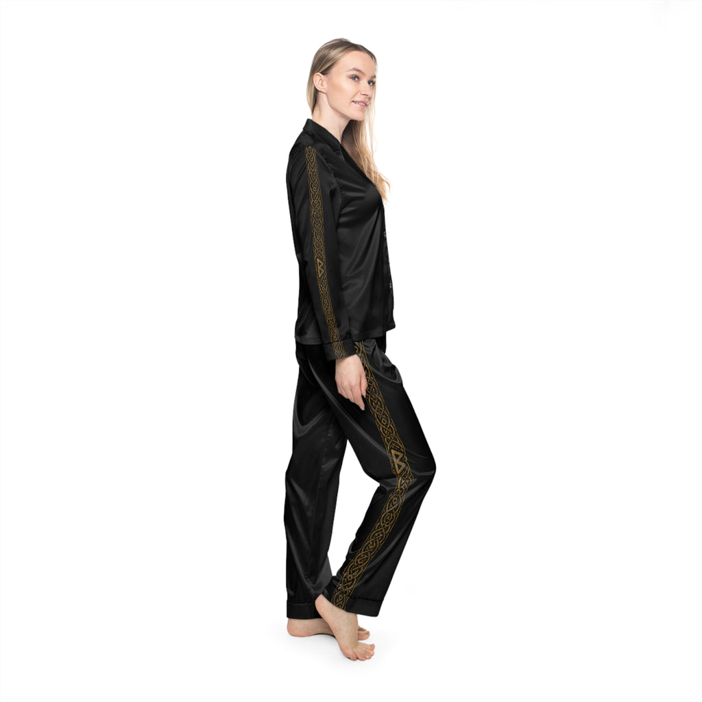 Women’s Black & Gold Celtic Knot Satin Pajama Set | Nordic Rune Sleepwear | Black Rune Works