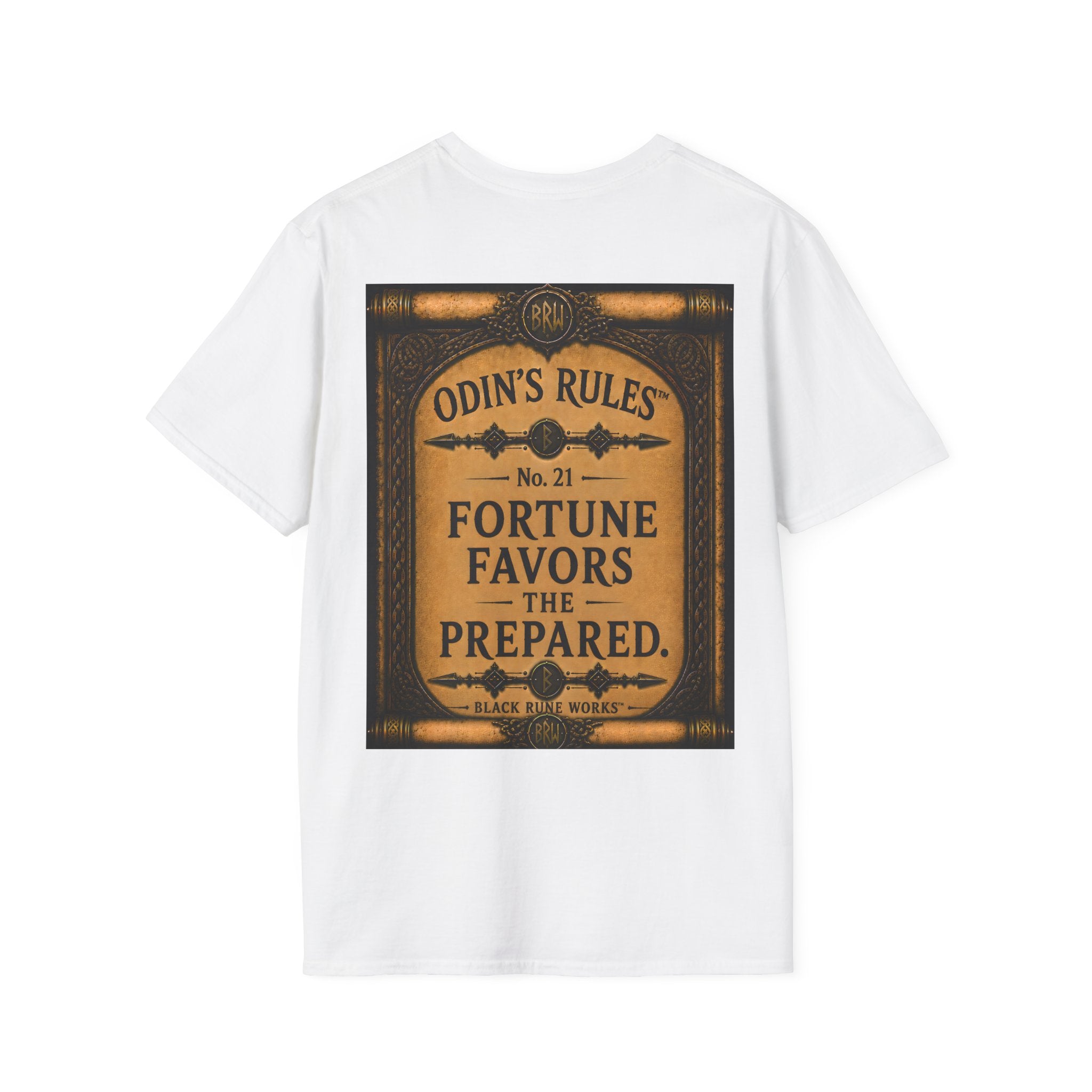 ODIN'S RULES™ No. 21 | Fortune Favors The Prepared | Viking Scroll Graphic T-Shirt | Black Rune Works