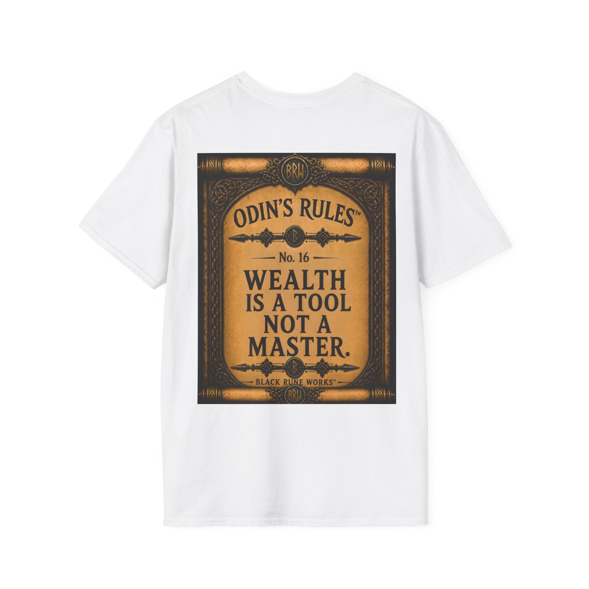 ODIN'S RULES™ No. 16 | Wealth Is A Tool Not A Master | Viking Scroll Graphic T-Shirt | Black Rune Works