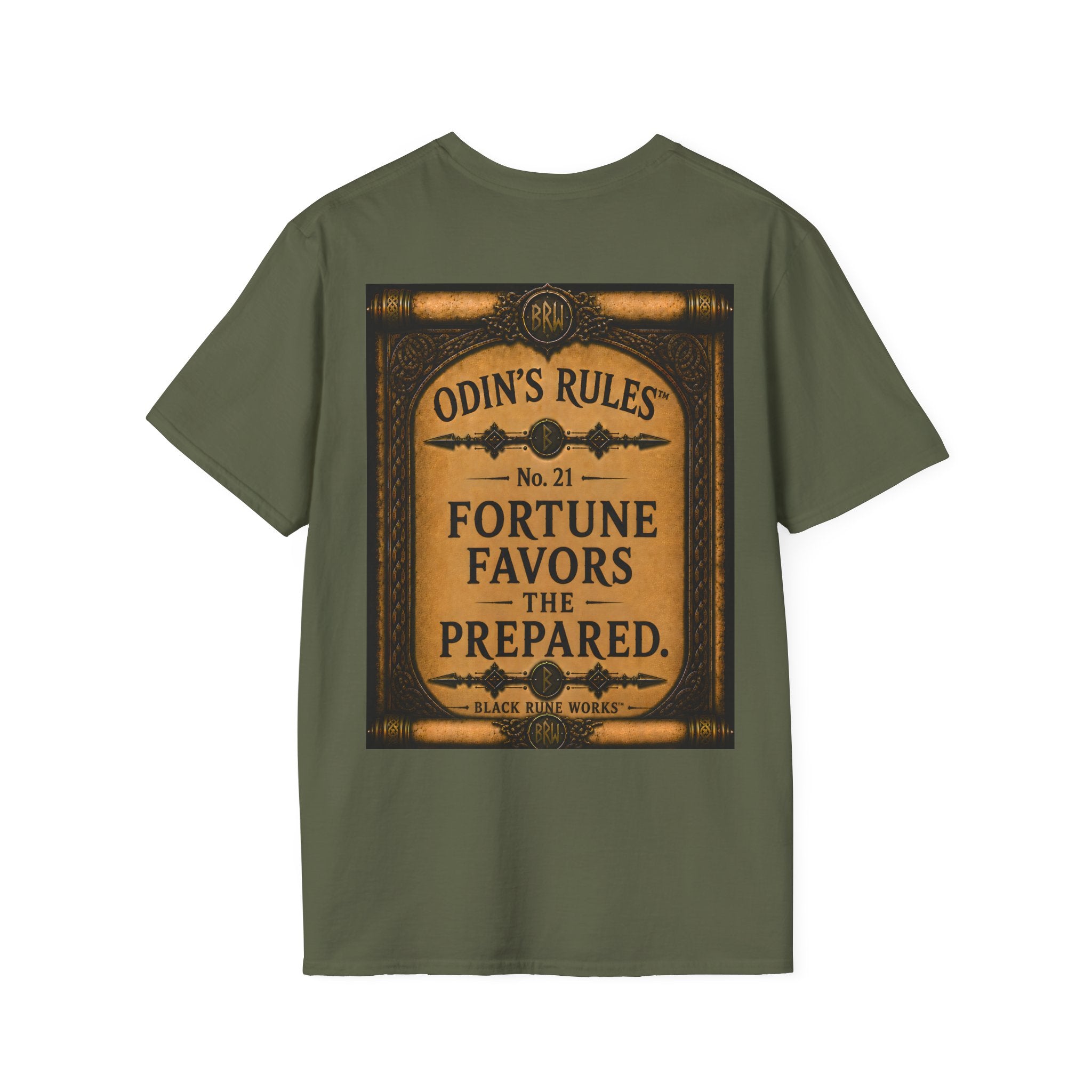 ODIN'S RULES™ No. 21 | Fortune Favors The Prepared | Viking Scroll Graphic T-Shirt | Black Rune Works