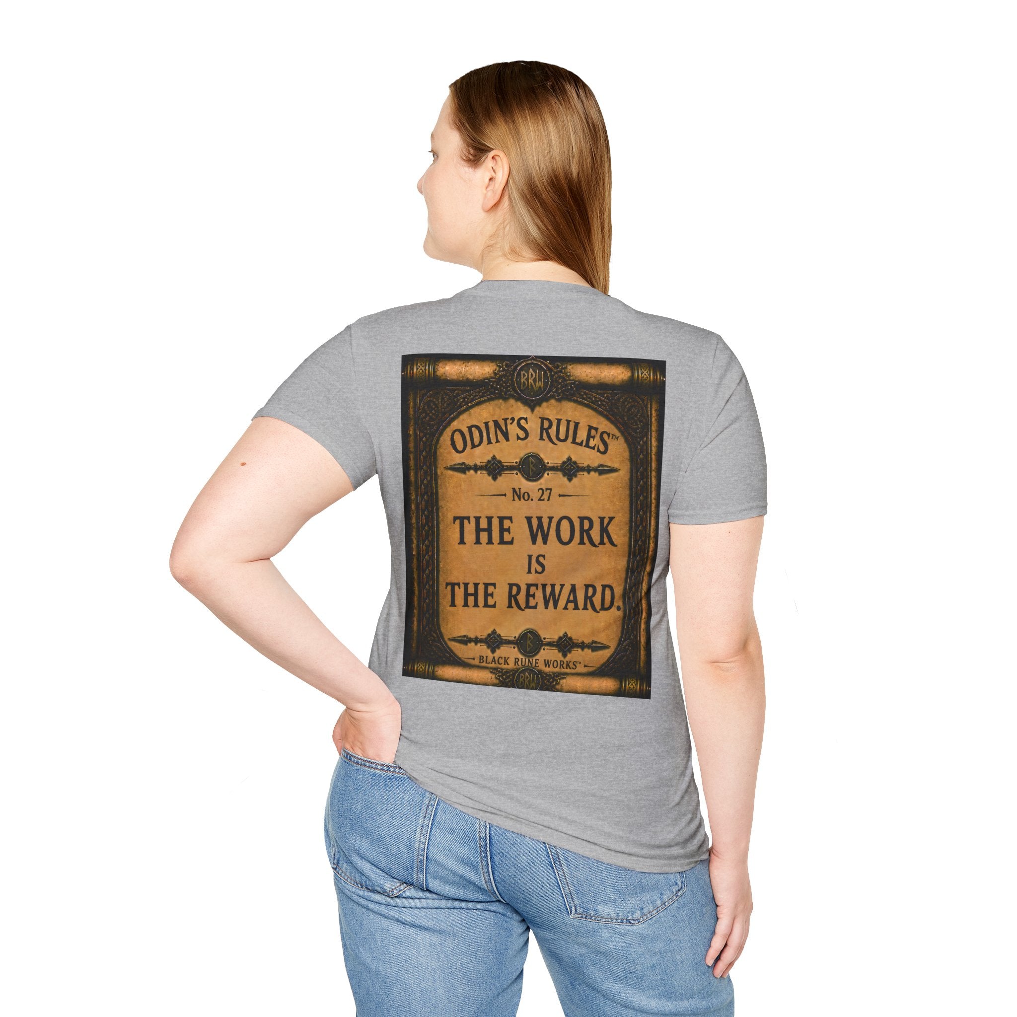 ODIN'S RULES™ No. 27 | The Work Is The Reward | Viking Scroll Graphic T-Shirt | Black Rune Works