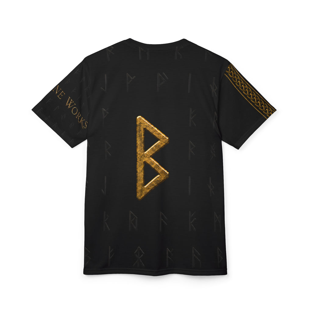 Black Rune Works Nordic Rune T-Shirt | Black & Gold Celtic Knotwork AOP Tee