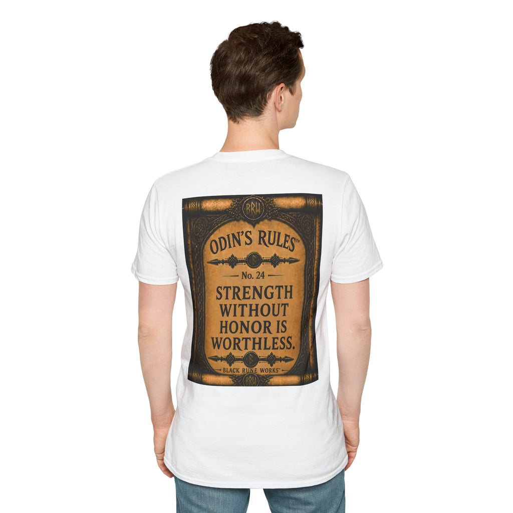ODIN'S RULES™ No. 24 | Strength Without Honor Is Worthless | Viking Scroll Graphic T-Shirt | Black Rune Works