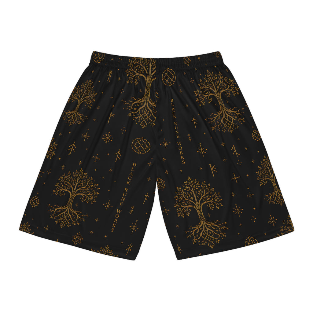 Yggdrasil Tree of Life Basketball Shorts | Black & Gold Nordic Rune Athletic Shorts | Black Rune Works