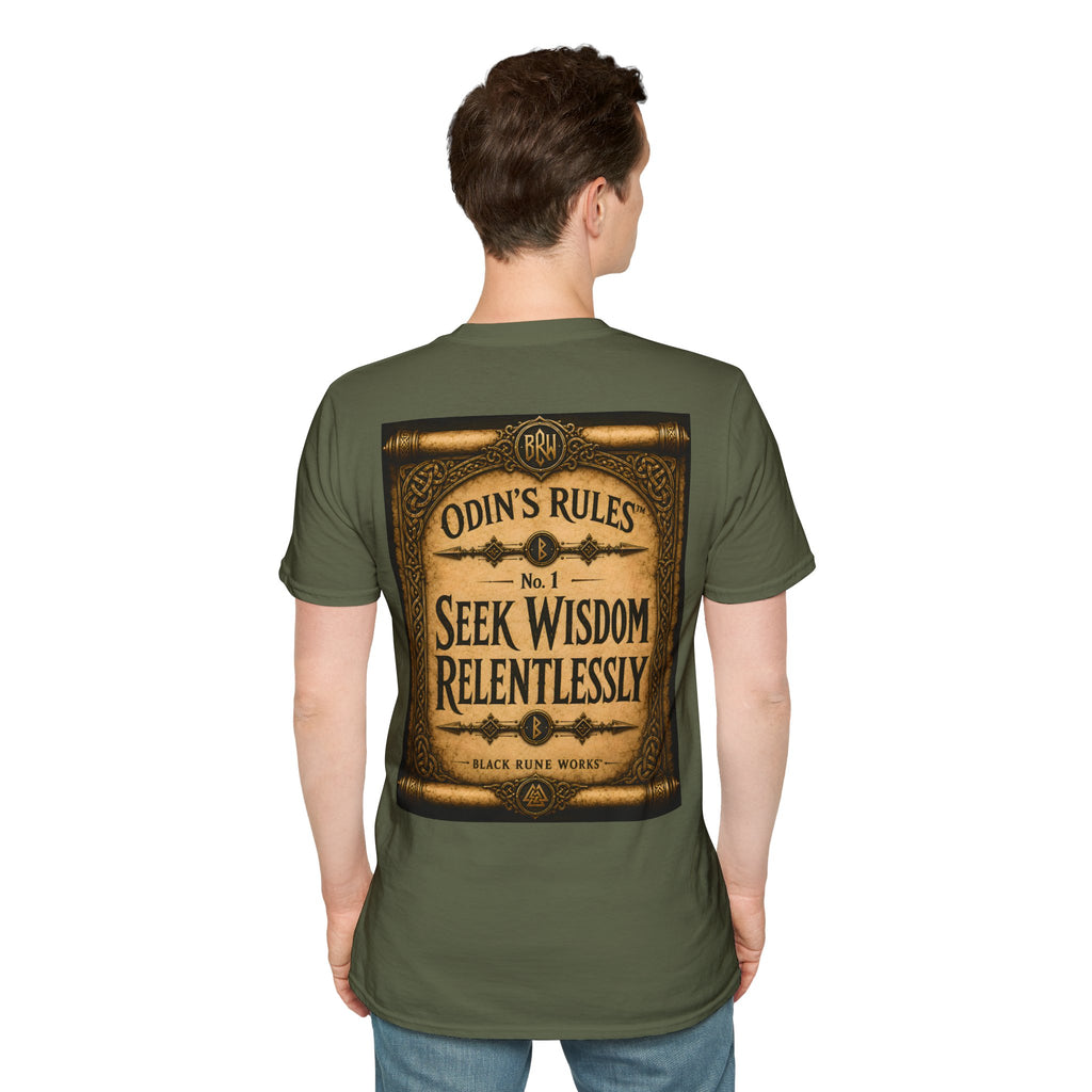 ODIN'S RULES™ No. 1 | Seek Wisdom Relentlessly | Viking Scroll Graphic T-Shirt | Black Rune Works