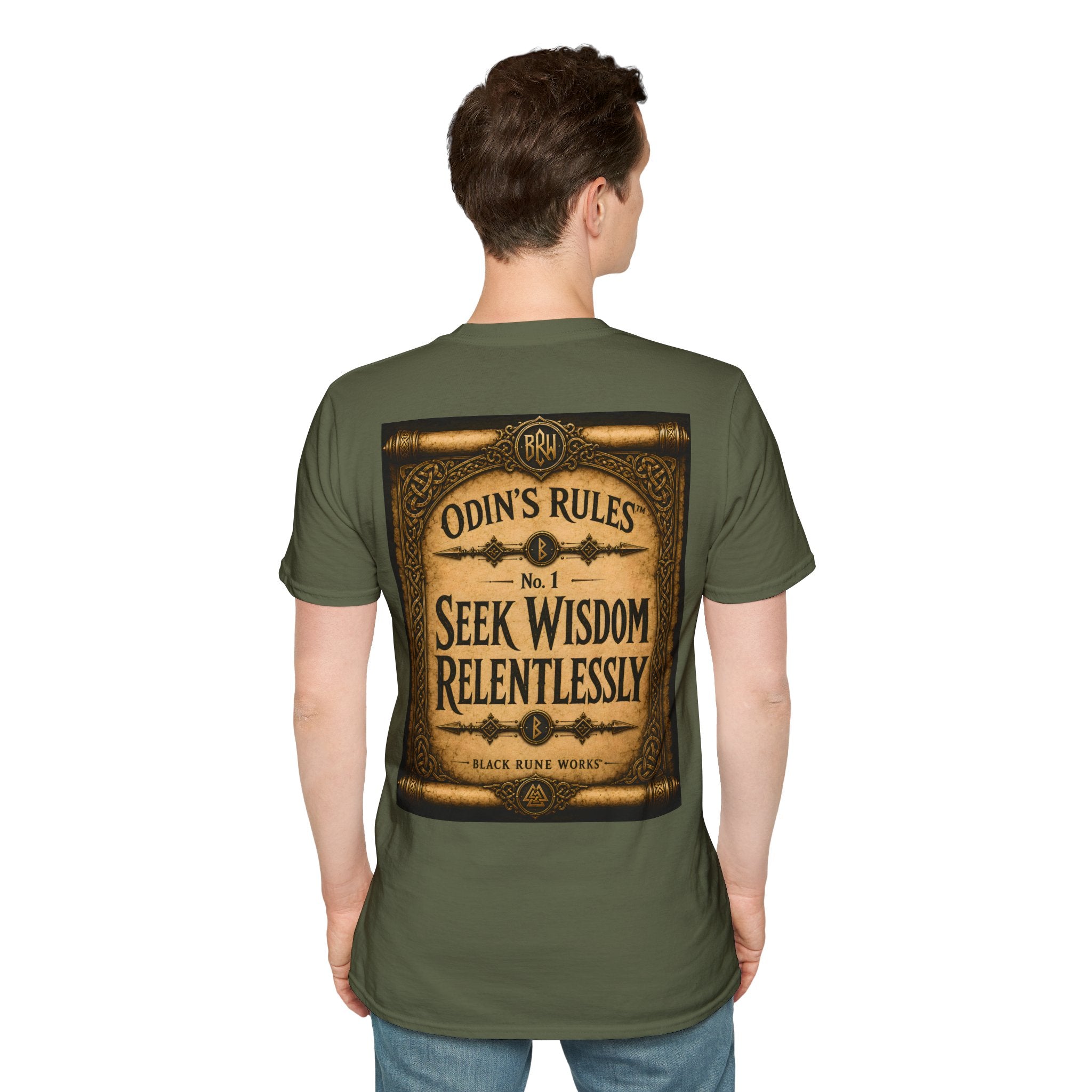 ODIN'S RULES™ No. 1 | Seek Wisdom Relentlessly | Viking Scroll Graphic T-Shirt | Black Rune Works