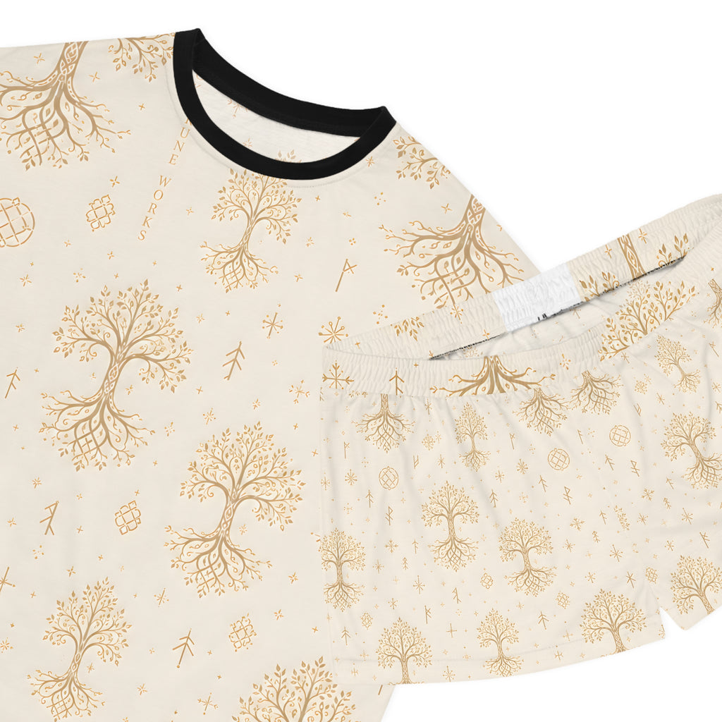 Women’s Yggdrasil Short Pajama Set | Cream & Gold Nordic Tree of Life Sleepwear | Black Rune Works