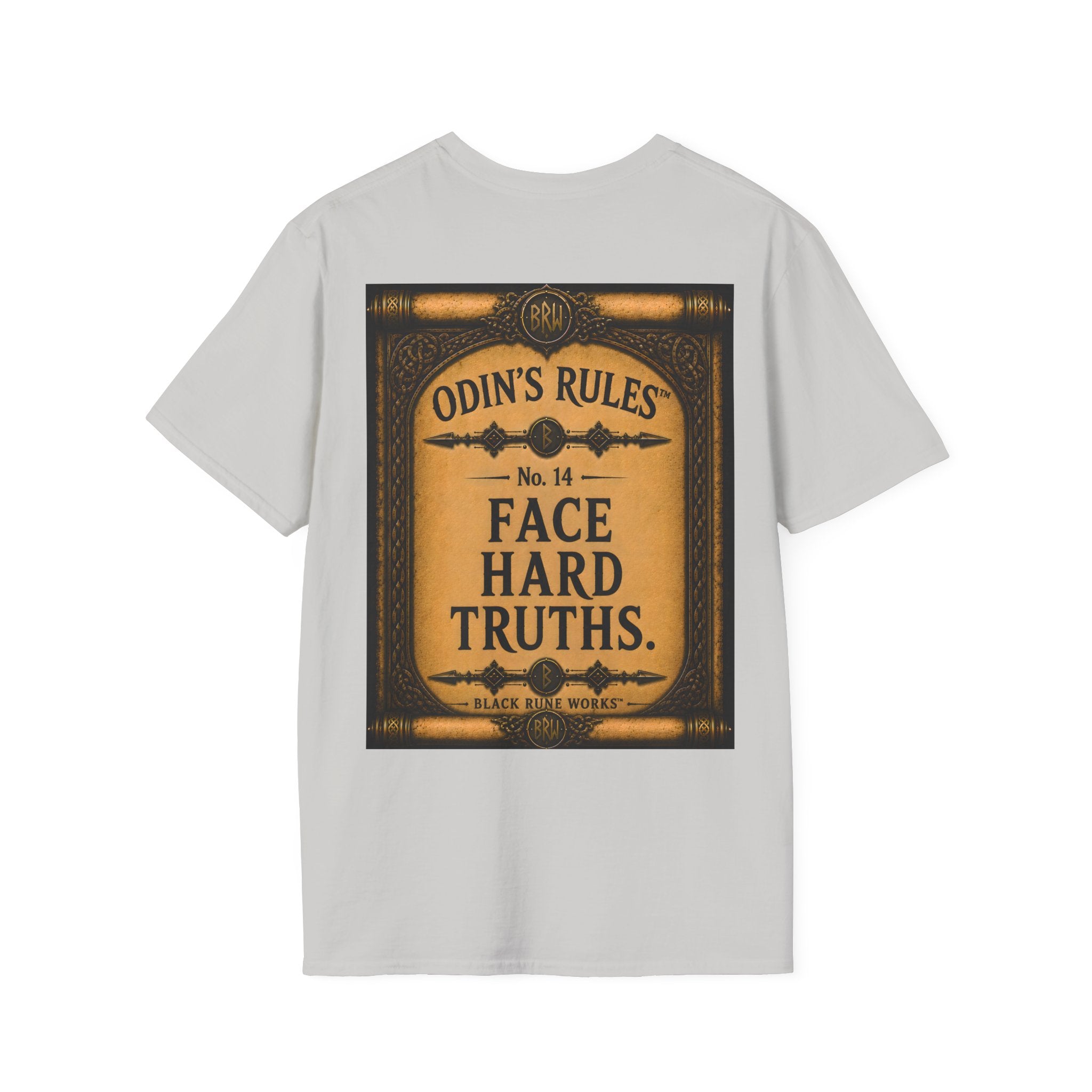 ODIN'S RULES™ No. 14 | Face Hard Truths | Viking Scroll Graphic T-Shirt | Black Rune Works