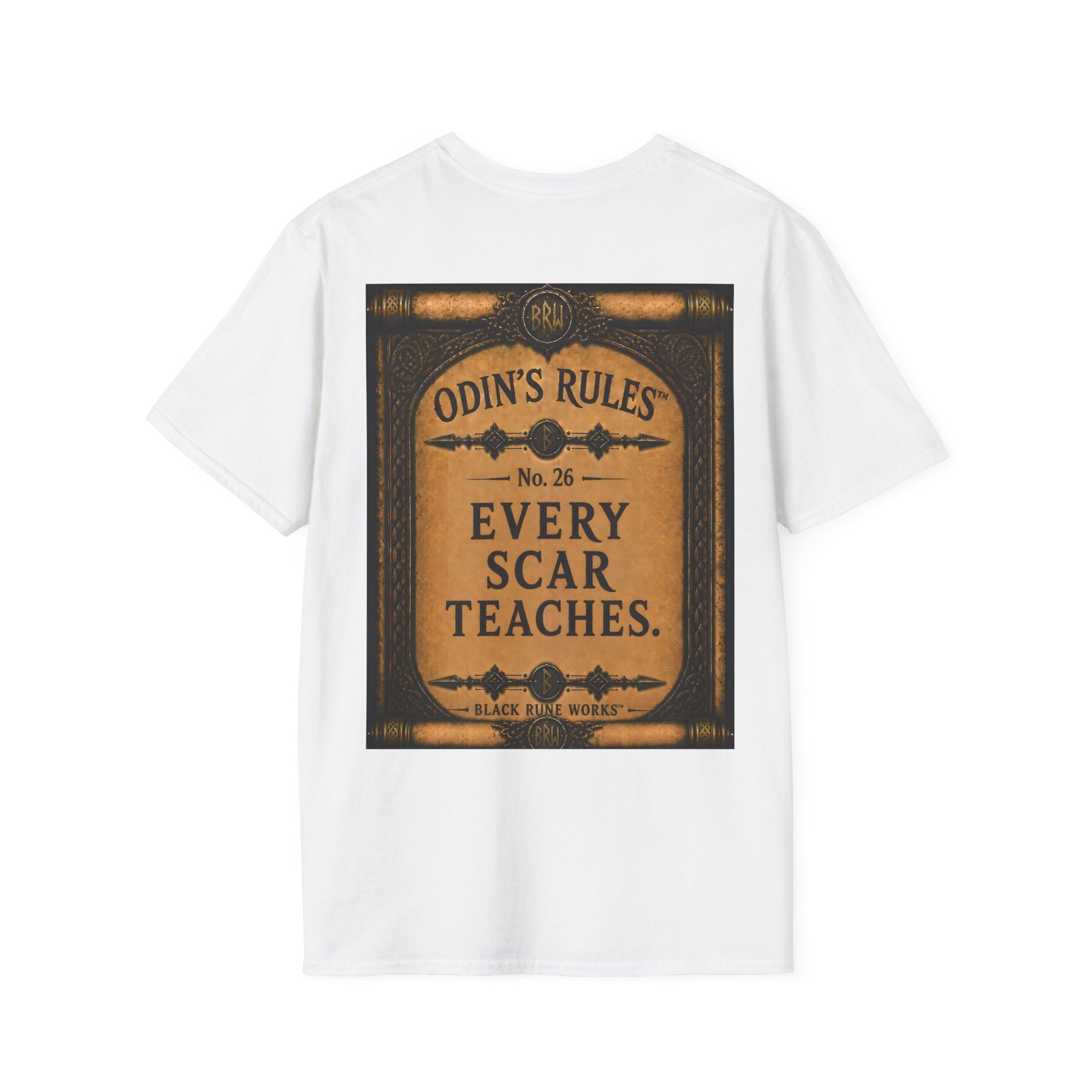 ODIN'S RULES™ No. 26 | Every Scar Teaches | Viking Scroll Graphic T-Shirt | Black Rune Works