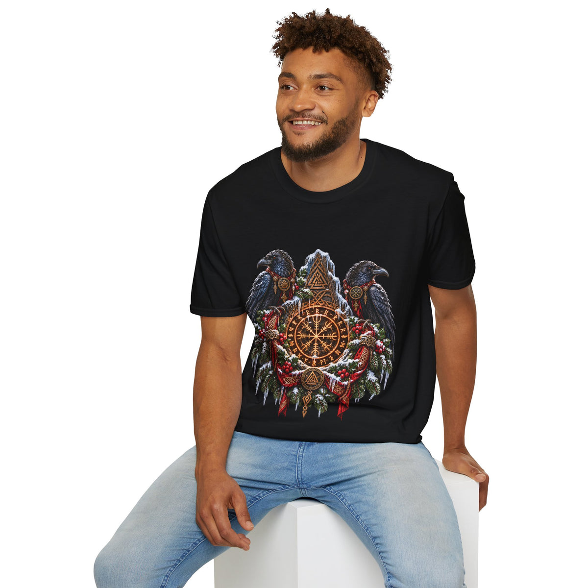 Christmas Ravens & Nordic Shield T-Shirt – Viking Yule Holiday Tee