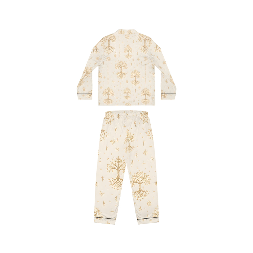 Women’s Yggdrasil Satin Pajama Set | Cream & Gold Nordic Tree of Life Sleepwear | Black Rune Works