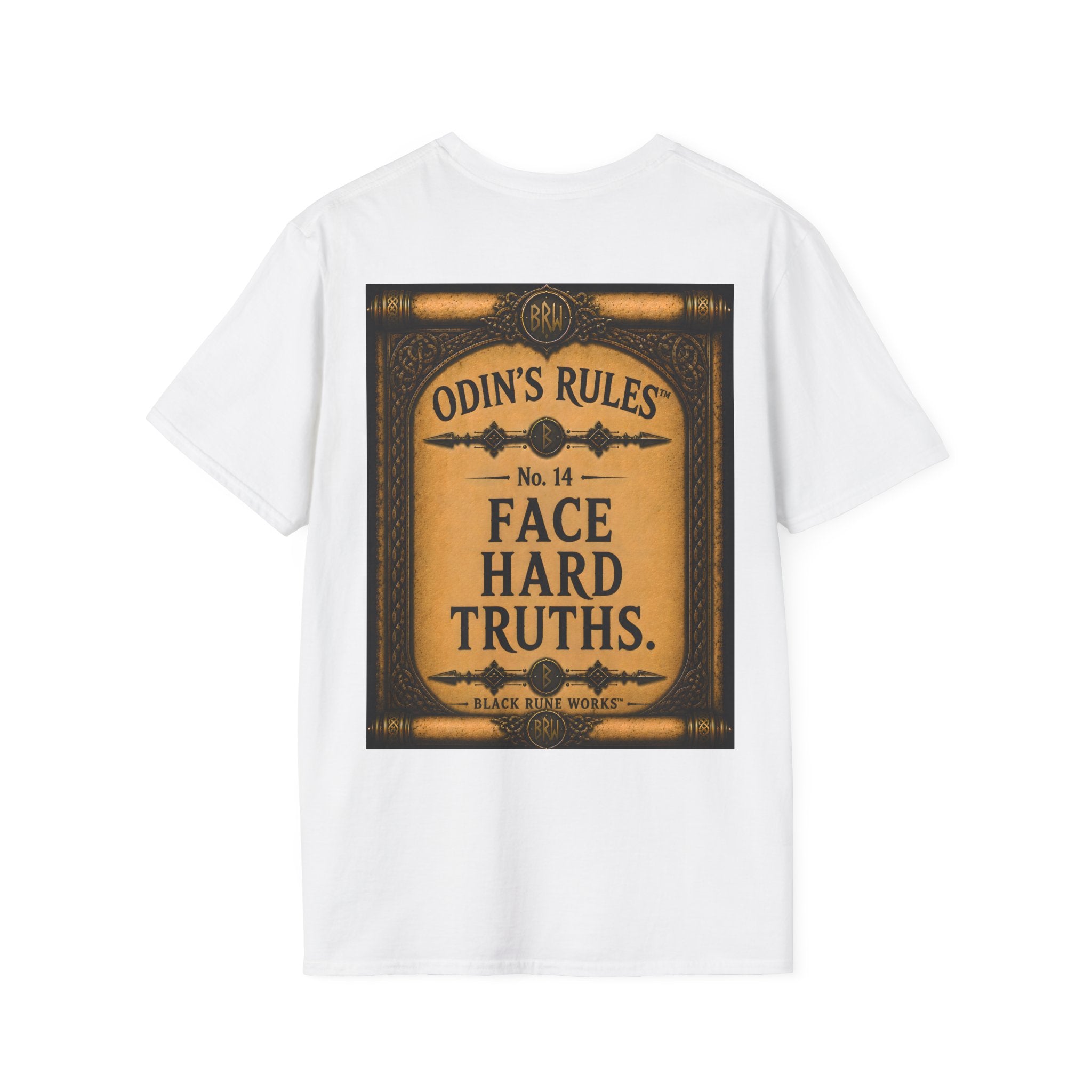 ODIN'S RULES™ No. 14 | Face Hard Truths | Viking Scroll Graphic T-Shirt | Black Rune Works