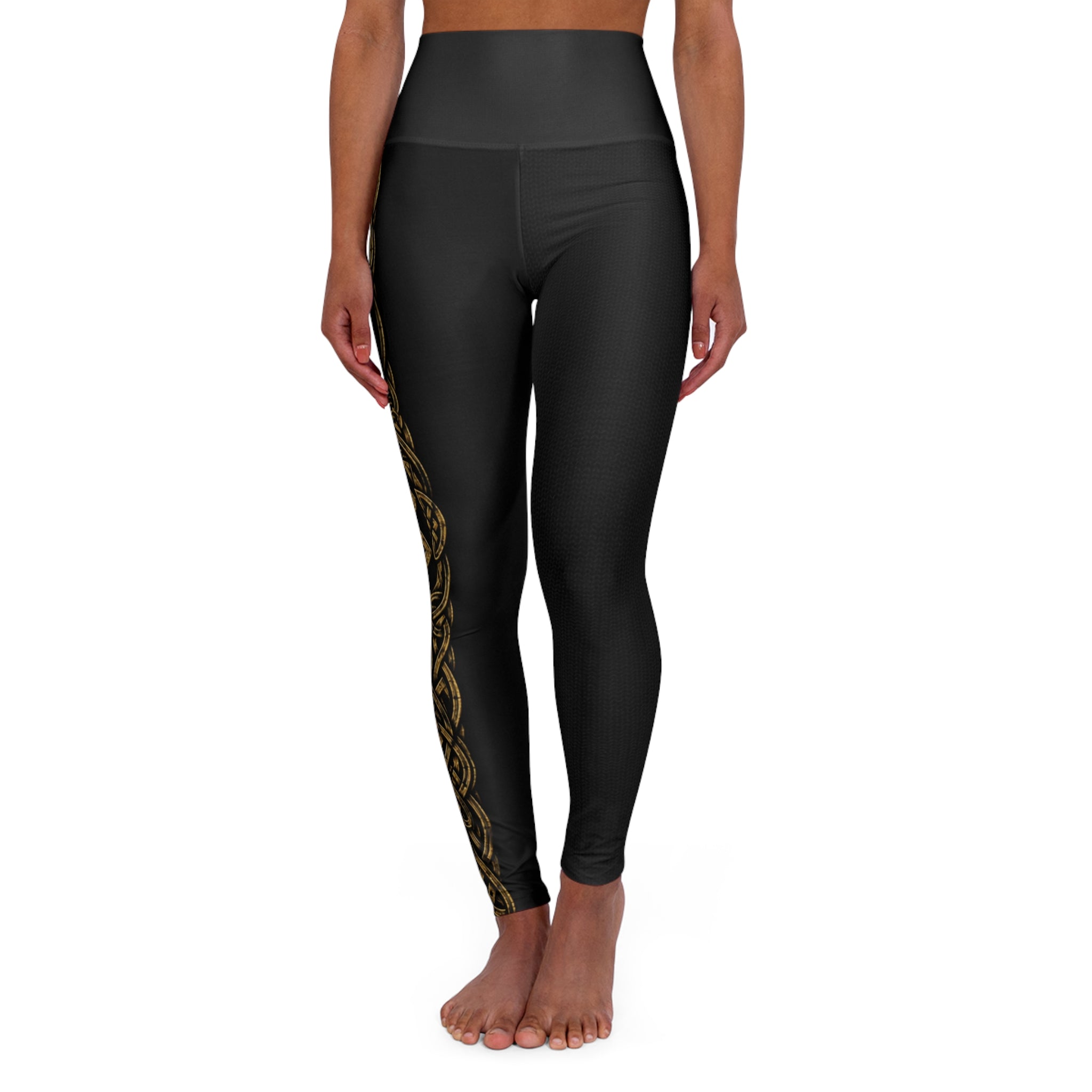 Women’s Bold Celtic Knot Leggings | Black & Gold Nordic Rune Yoga Pants | Black Rune Works