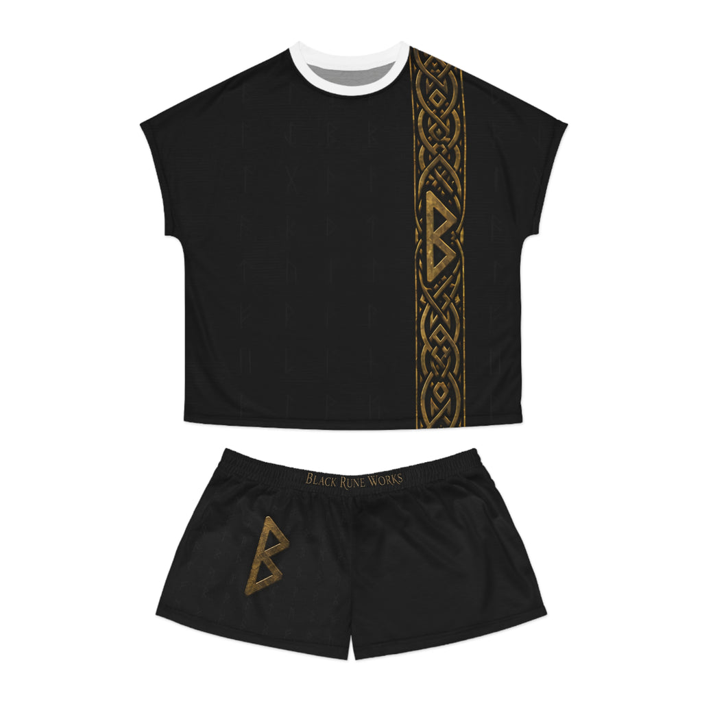 Women’s Black & Gold Rune Short Pajama Set | Nordic Knotwork Sleepwear | Black Rune Works