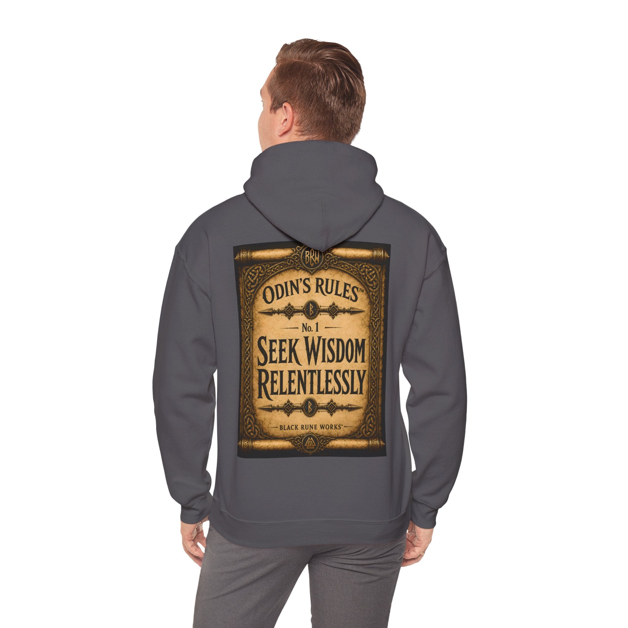 ODIN'S RULES™ No. 1 | Seek Wisdom Relentlessly | Viking Scroll Graphic Hoodie | Black Rune Works