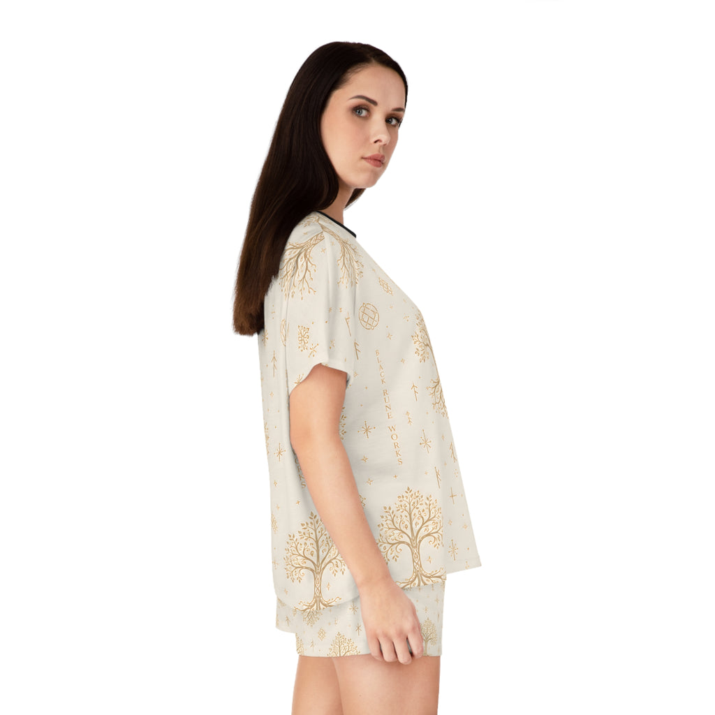 Women’s Yggdrasil Short Pajama Set | Cream & Gold Nordic Tree of Life Sleepwear | Black Rune Works