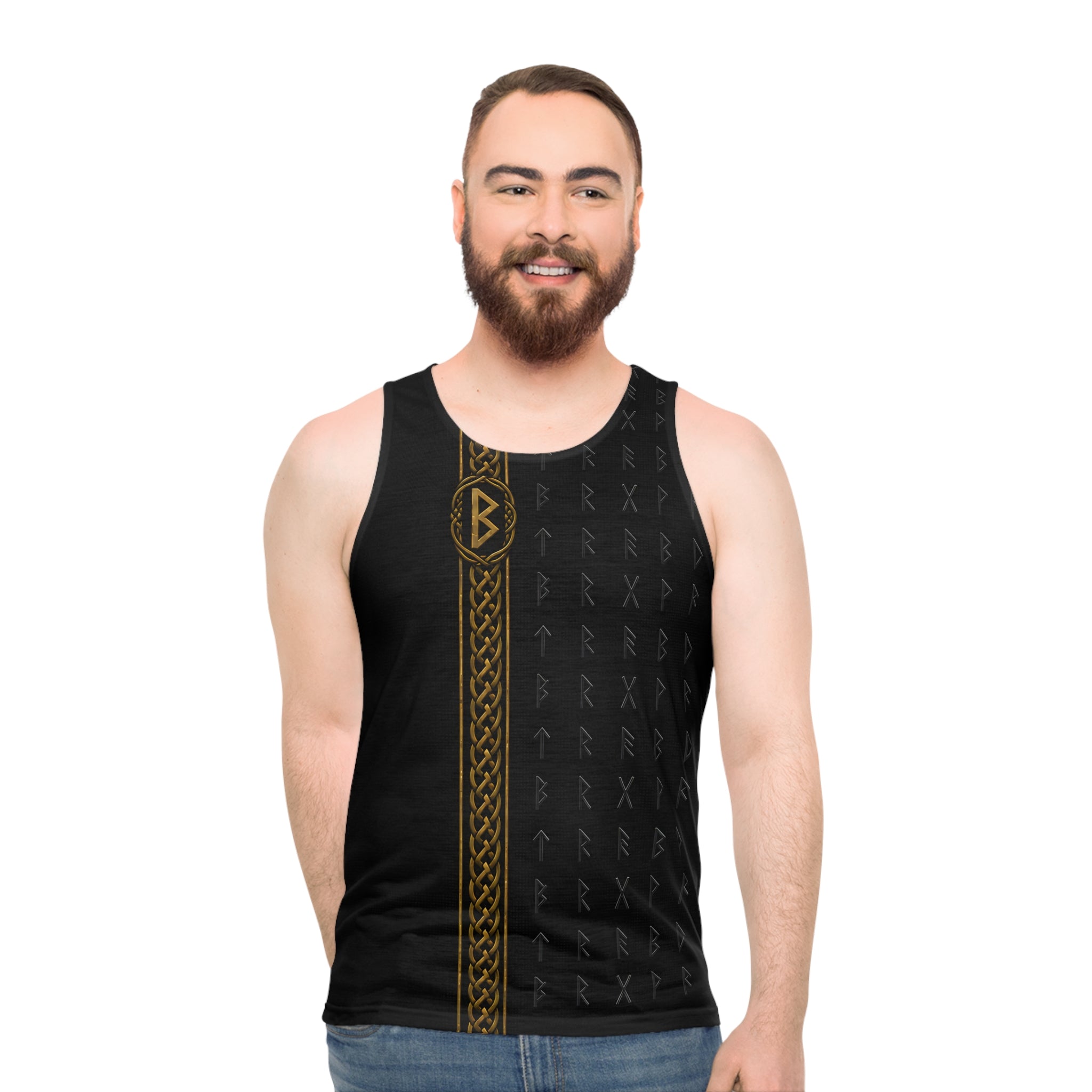 Black Rune Works Nordic Rune Tank Top | Black & Gold Celtic Knotwork AOP Tank