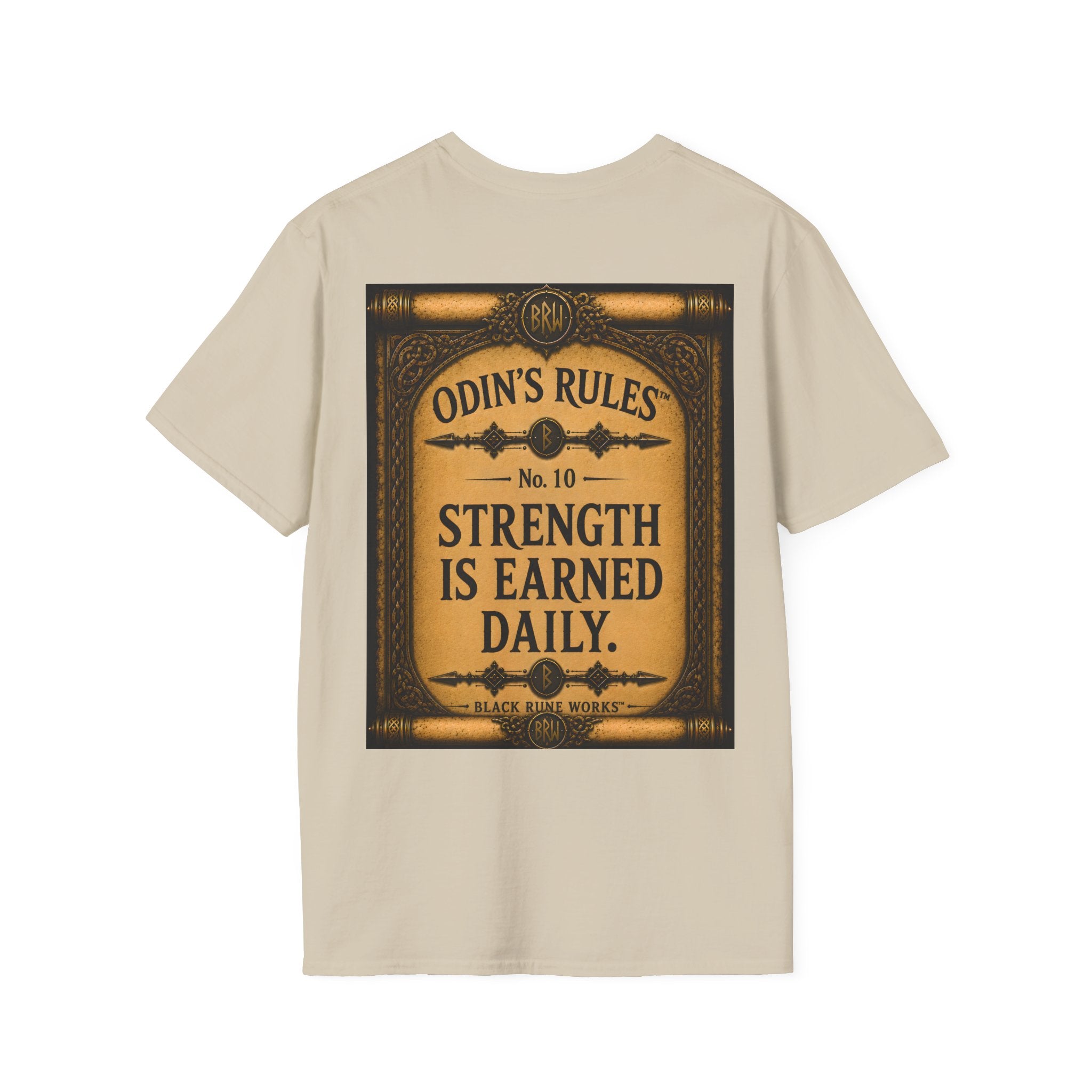 ODIN'S RULES™ No. 10 | Strength Is Earned Daily | Viking Scroll Graphic T-Shirt | Black Rune Works