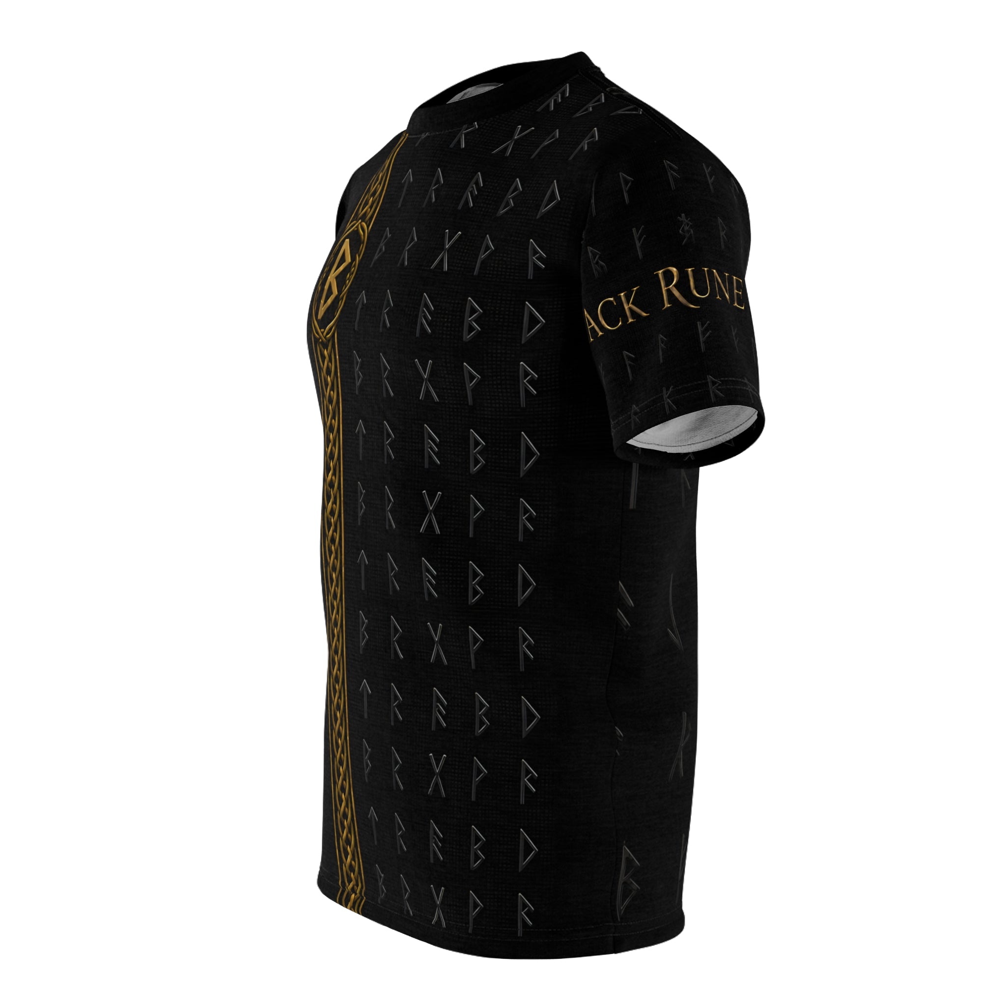 Black Rune Works Nordic Rune T-Shirt | Black & Gold Celtic Knotwork AOP Tee