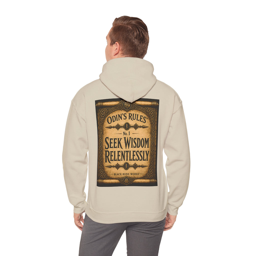 ODIN'S RULES™ No. 1 | Seek Wisdom Relentlessly | Viking Scroll Graphic Hoodie | Black Rune Works
