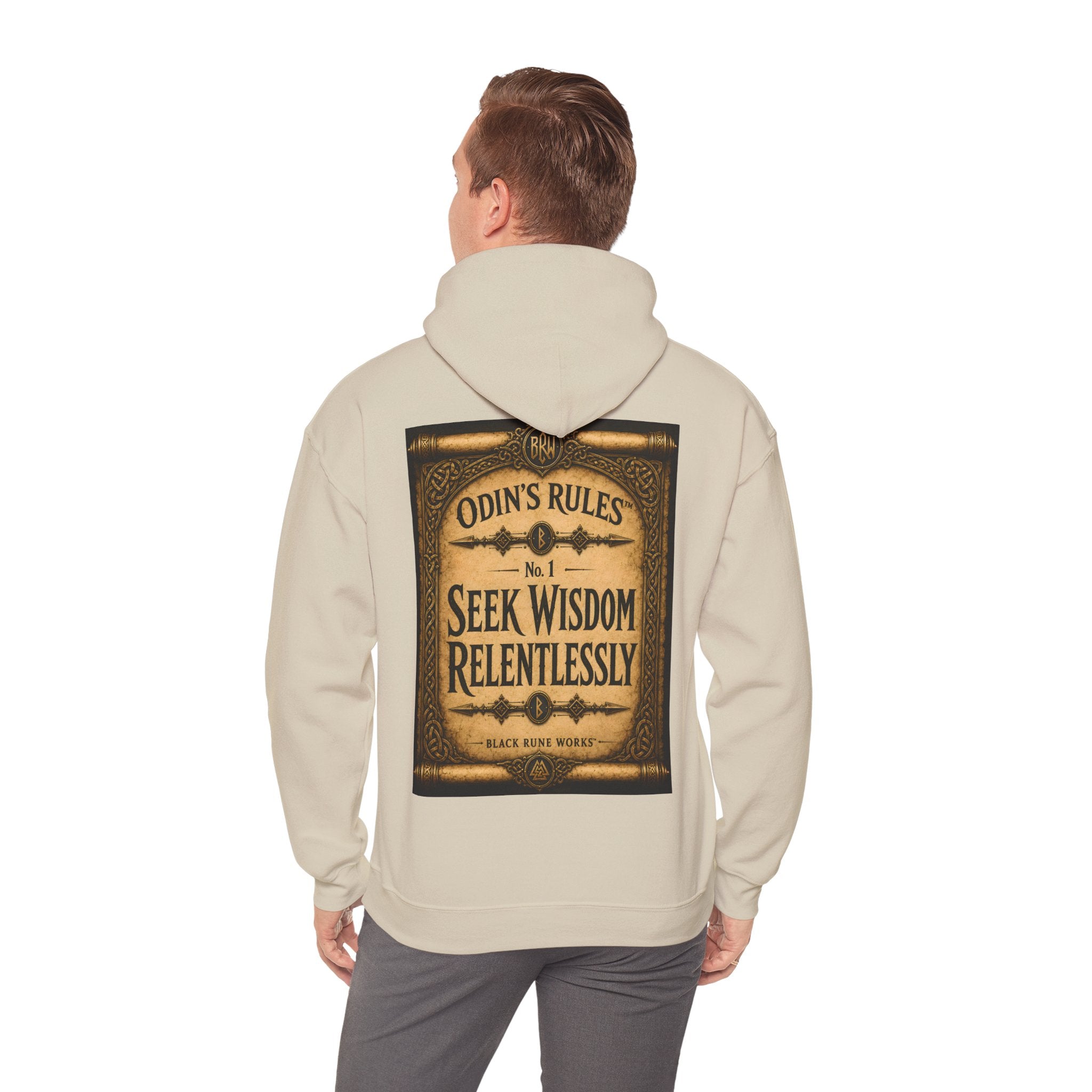 ODIN'S RULES™ No. 1 | Seek Wisdom Relentlessly | Viking Scroll Graphic Hoodie | Black Rune Works