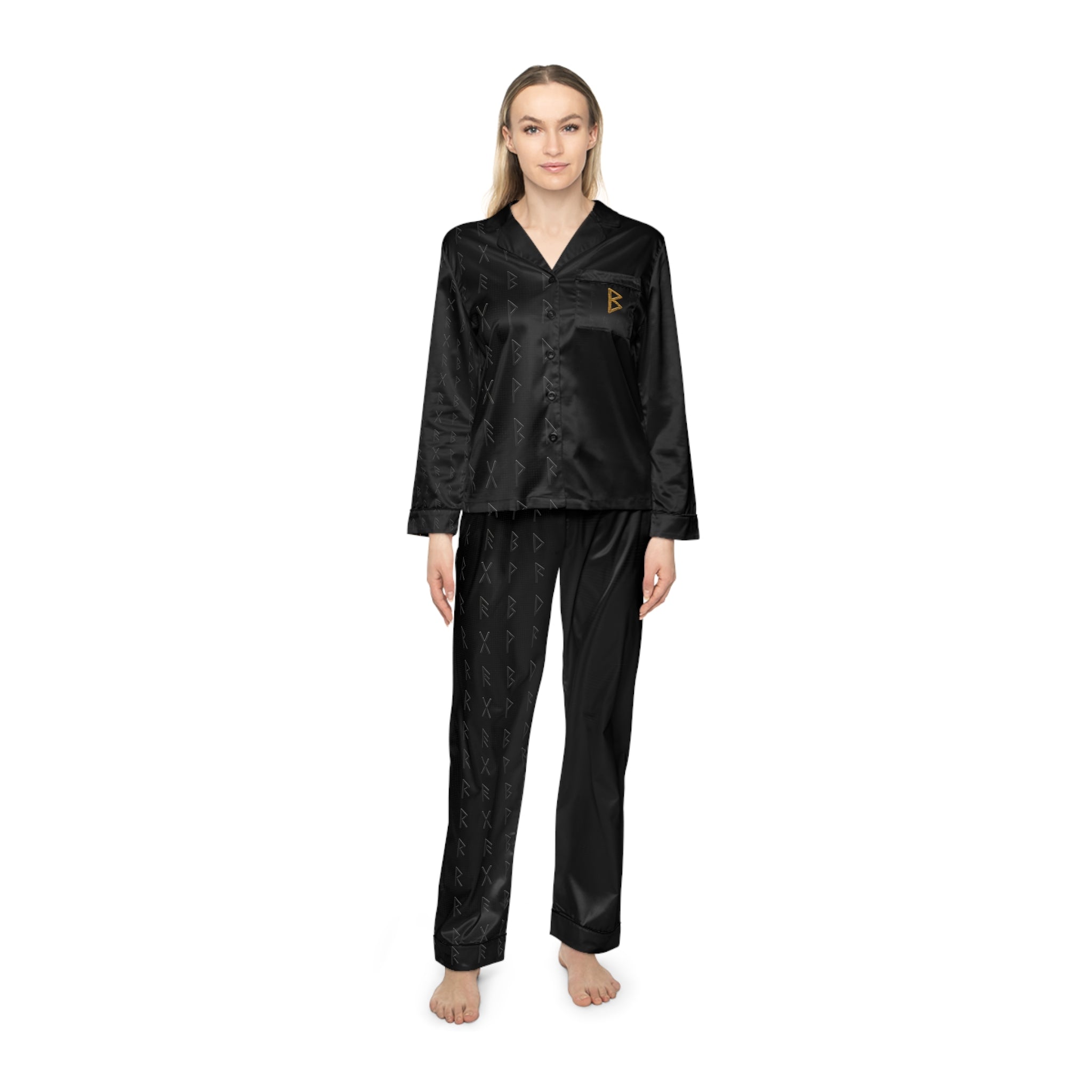 Women’s Black Rune Satin Pajama Set | Black & Gold Nordic Sleepwear | Black Rune Works