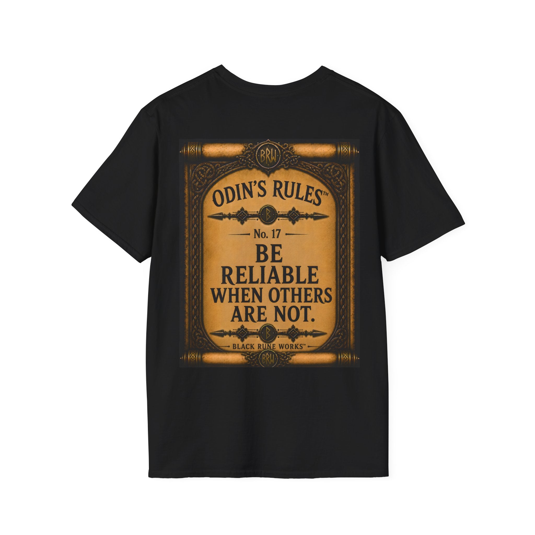 ODIN'S RULES™ No. 17 | Be Reliable When Others Are Not | Viking Scroll Graphic T-Shirt | Black Rune Works