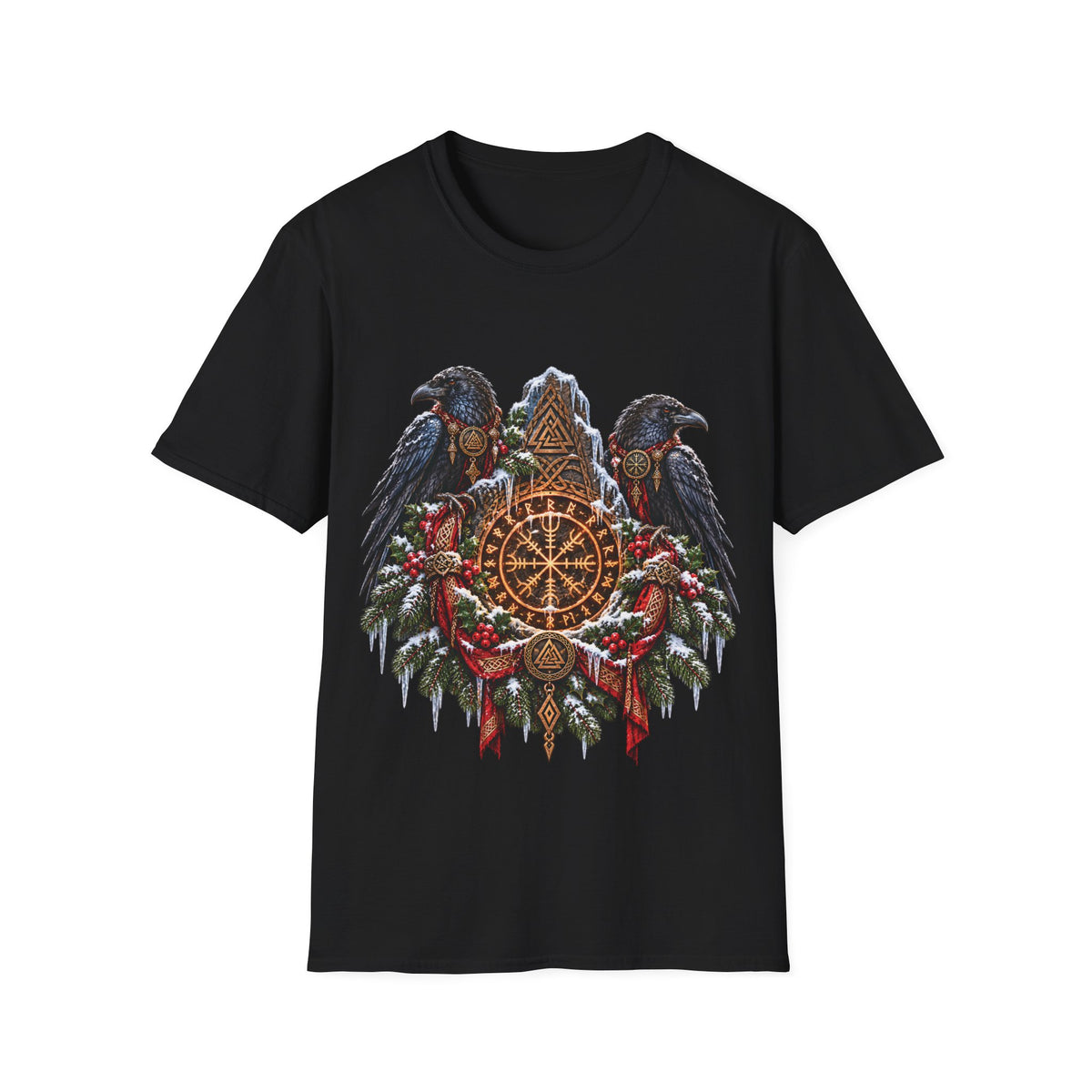 Christmas Ravens & Nordic Shield T-Shirt – Viking Yule Holiday Tee