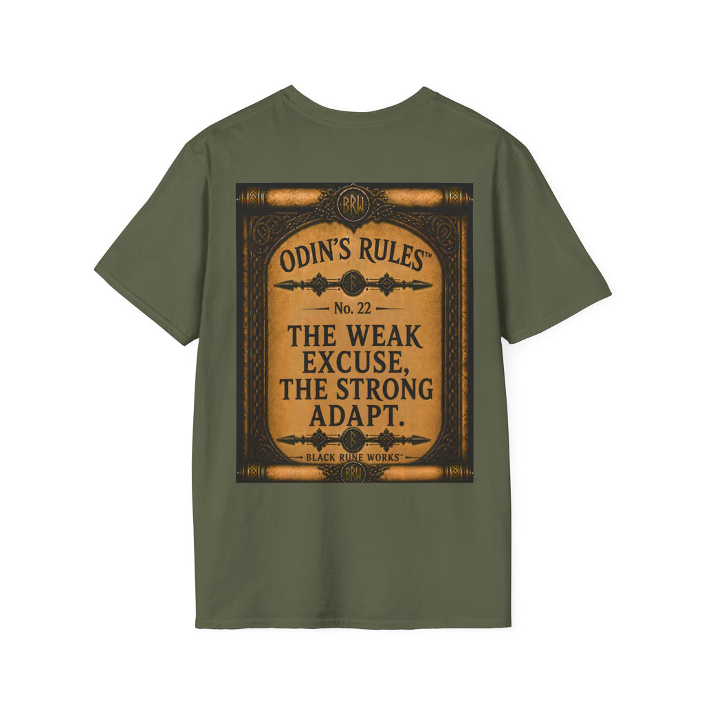 ODIN'S RULES™ No. 22 | The Weak Excuse The Strong Adapt | Viking Scroll Graphic T-Shirt | Black Rune Works