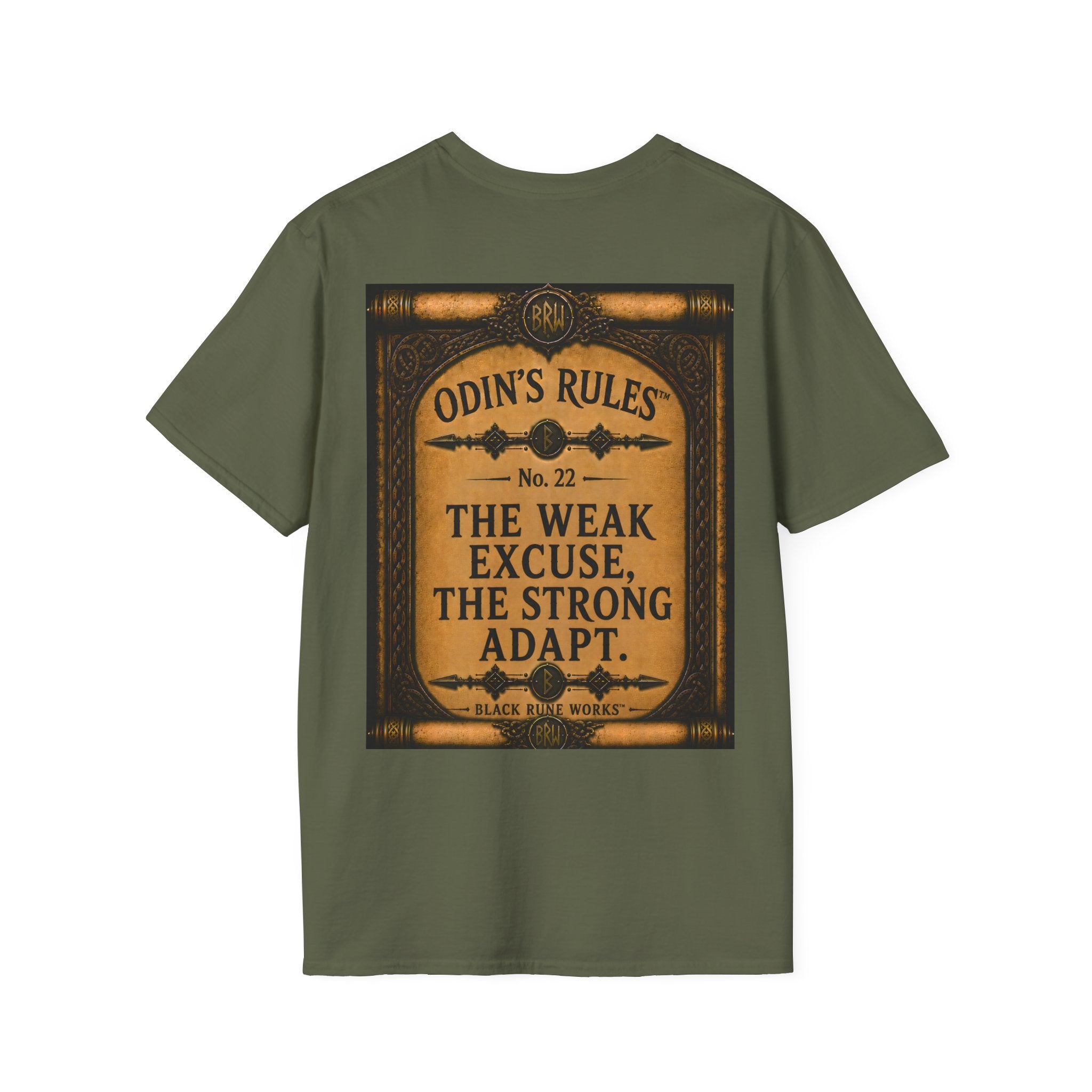 ODIN'S RULES™ No. 22 | The Weak Excuse The Strong Adapt | Viking Scroll Graphic T-Shirt | Black Rune Works