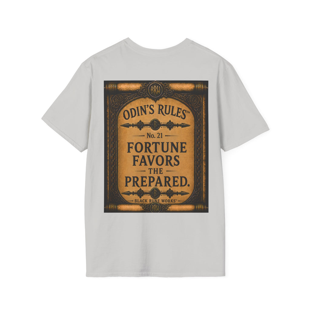 ODIN'S RULES™ No. 21 | Fortune Favors The Prepared | Viking Scroll Graphic T-Shirt | Black Rune Works