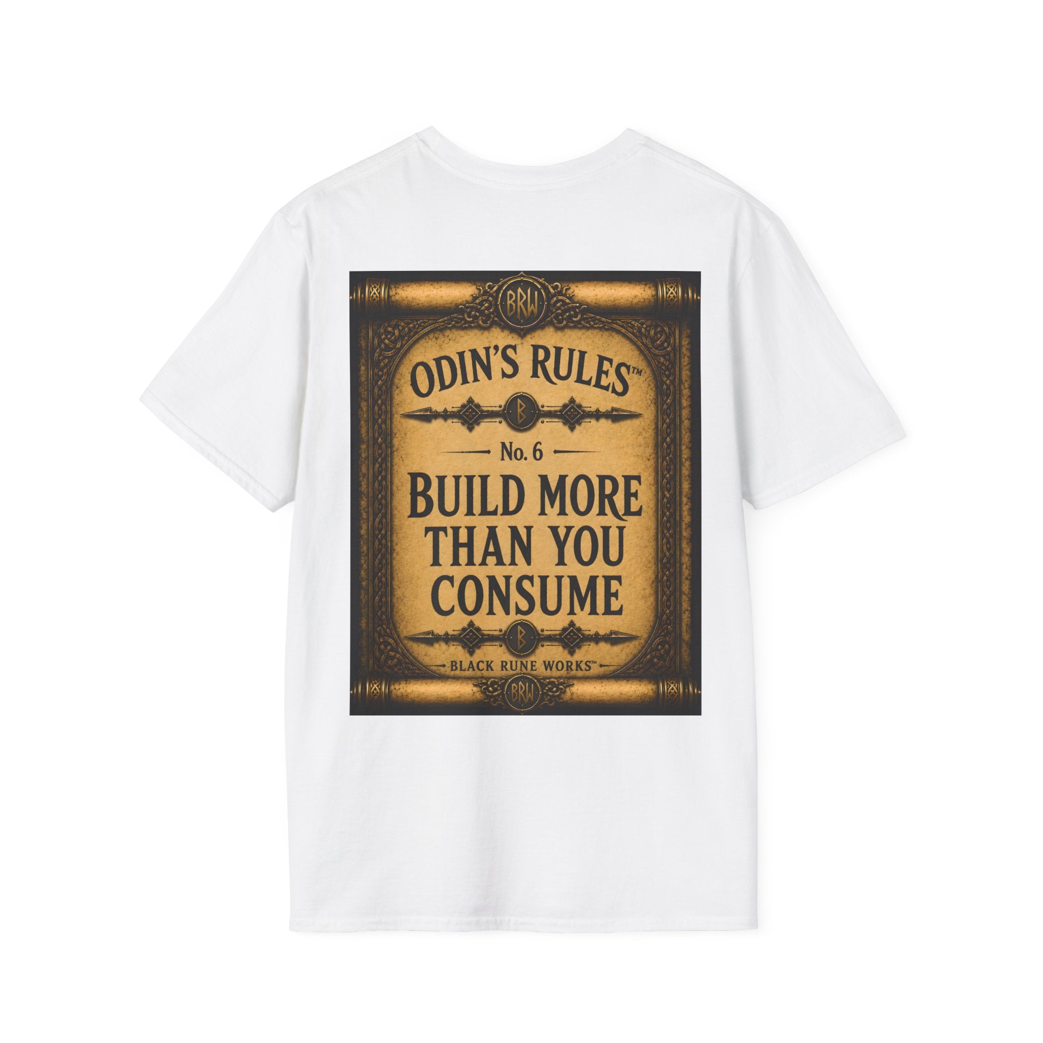 ODIN'S RULES™ No. 6 | Build More Than You Consume | Viking Scroll Graphic T-Shirt | Black Rune Works