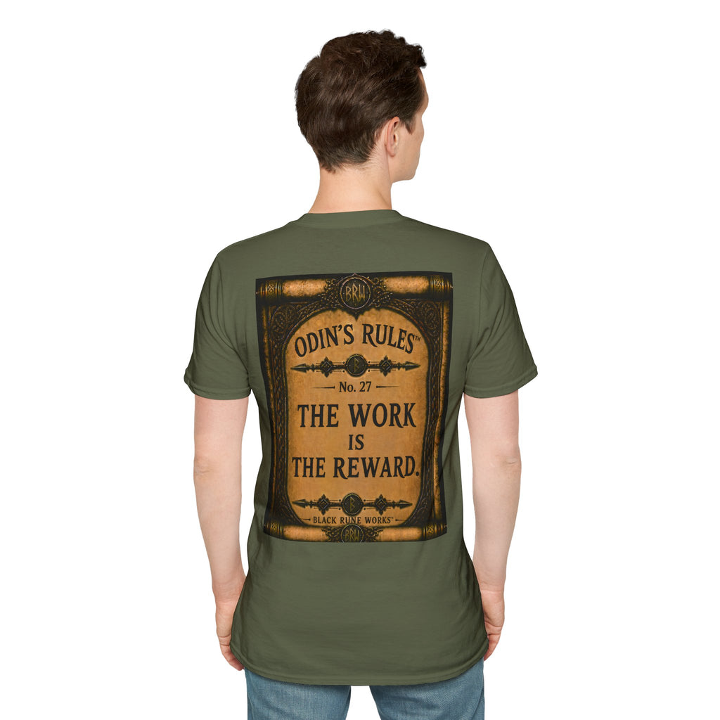 ODIN'S RULES™ No. 27 | The Work Is The Reward | Viking Scroll Graphic T-Shirt | Black Rune Works