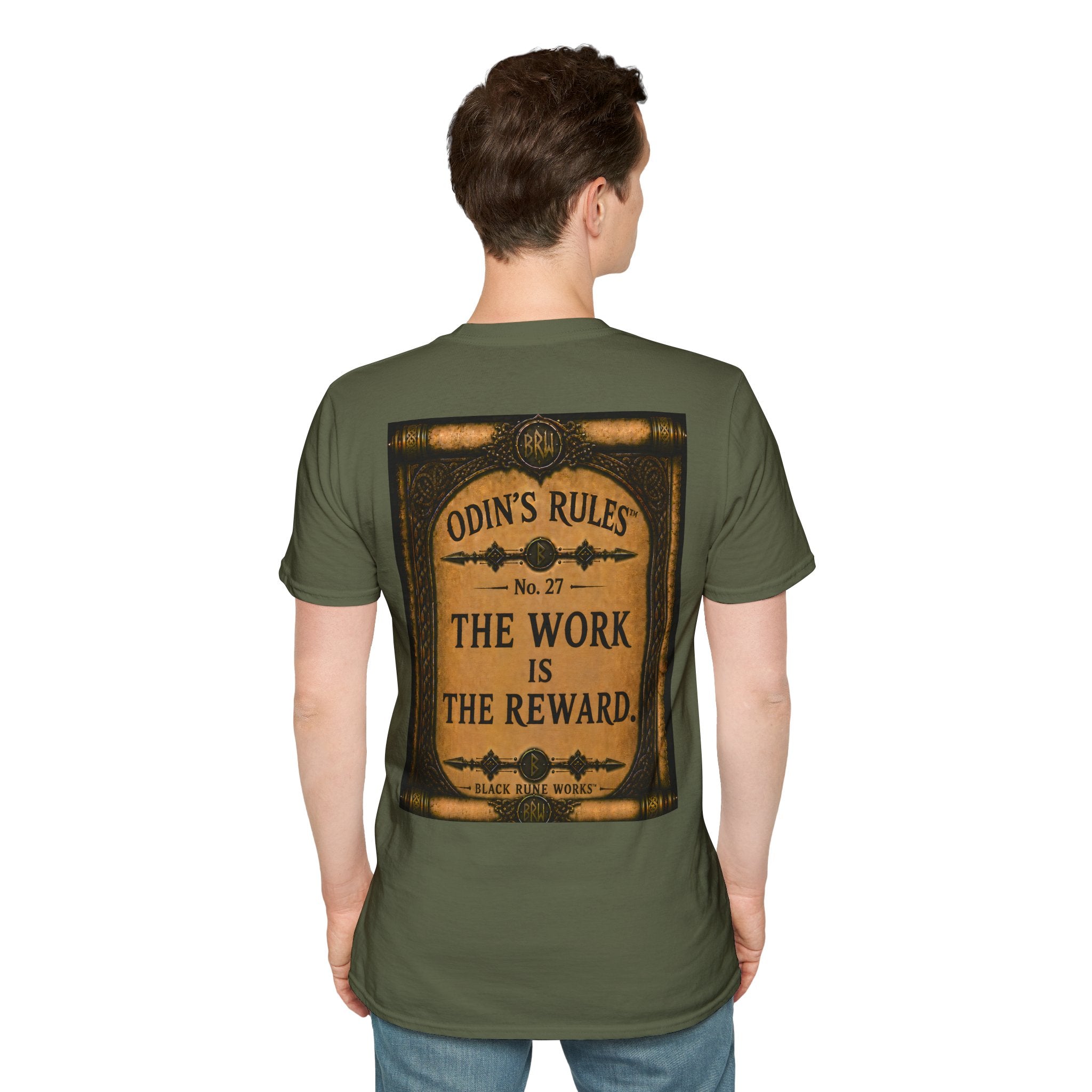 ODIN'S RULES™ No. 27 | The Work Is The Reward | Viking Scroll Graphic T-Shirt | Black Rune Works