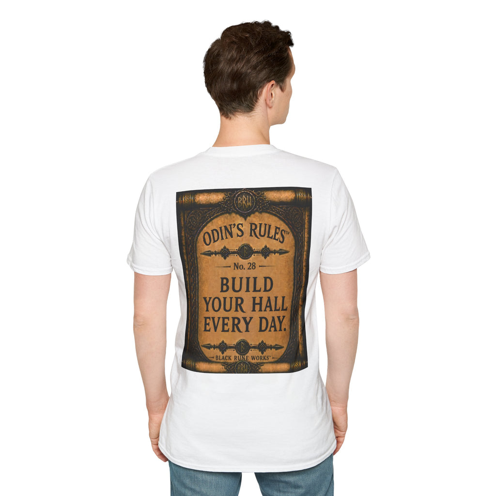 ODIN'S RULES™ No. 28 | Build Your Hall Every Day | Viking Scroll Graphic T-Shirt | Black Rune Works
