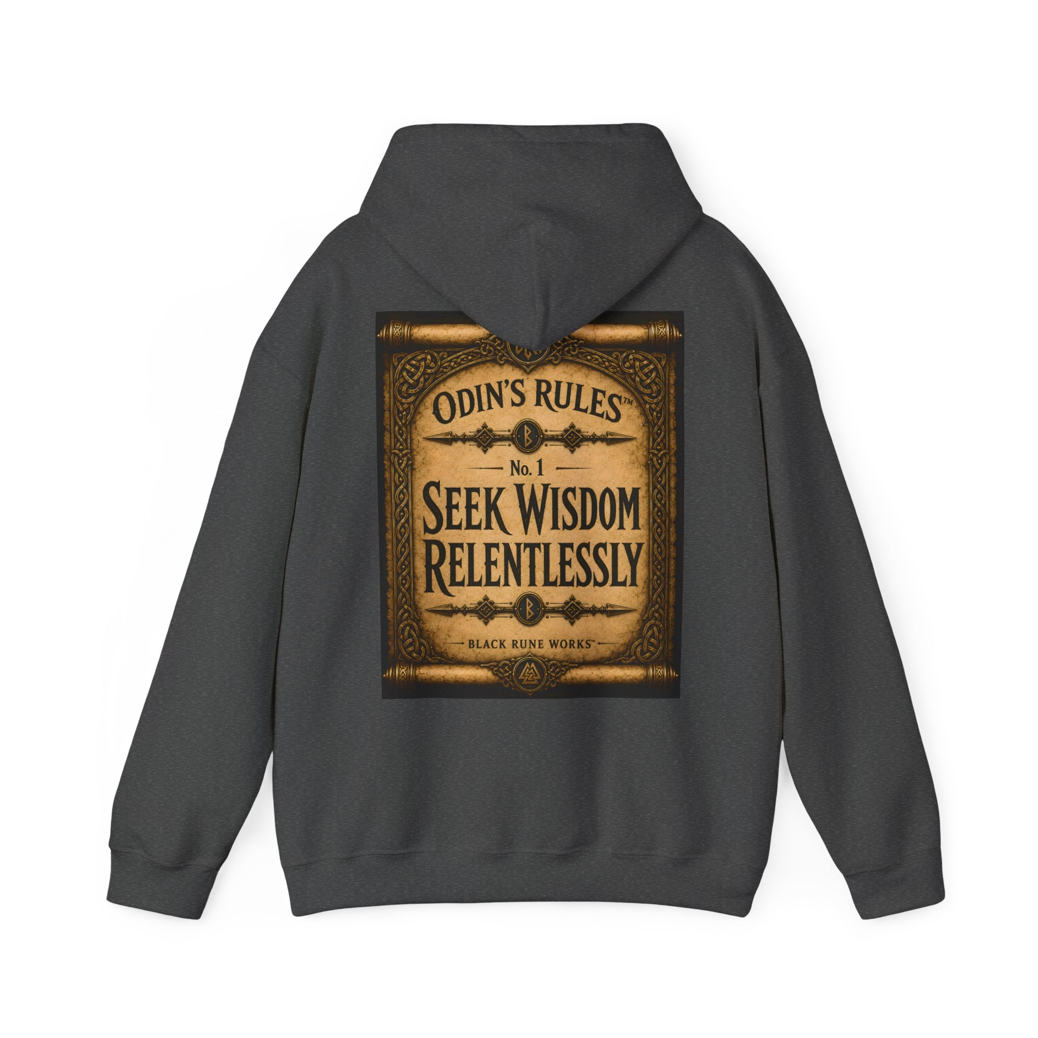 ODIN'S RULES™ No. 1 | Seek Wisdom Relentlessly | Viking Scroll Graphic Hoodie | Black Rune Works
