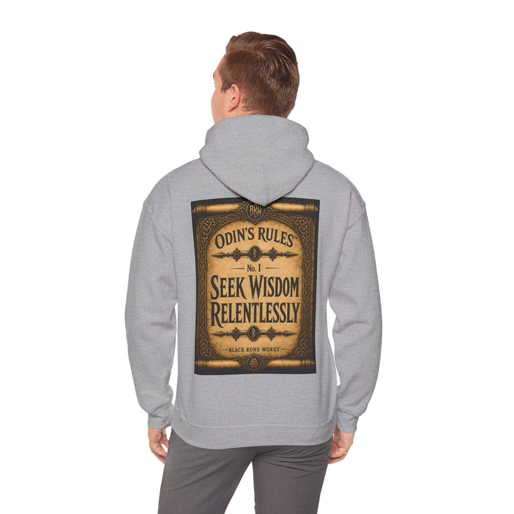 ODIN'S RULES™ No. 1 | Seek Wisdom Relentlessly | Viking Scroll Graphic Hoodie | Black Rune Works