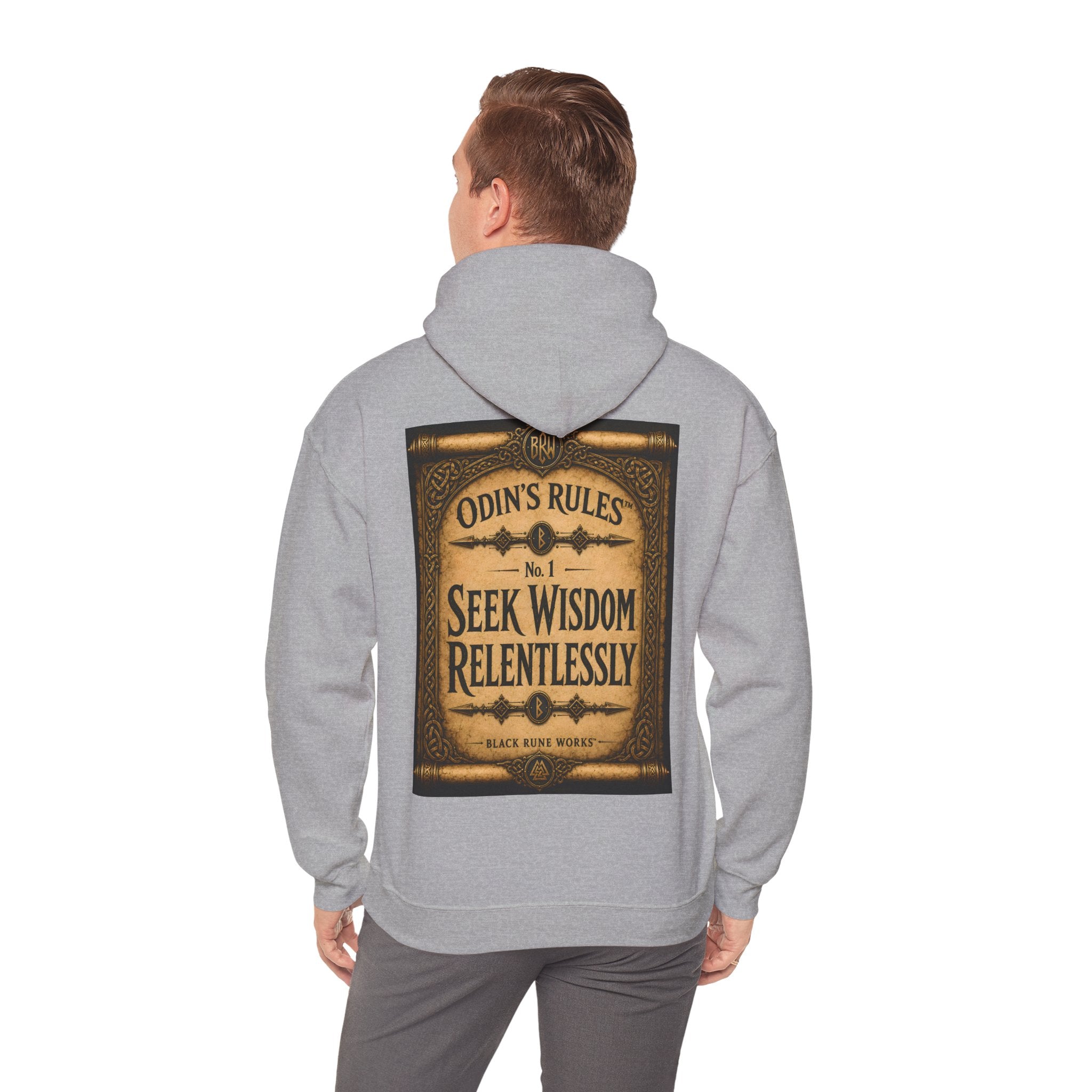 ODIN'S RULES™ No. 1 | Seek Wisdom Relentlessly | Viking Scroll Graphic Hoodie | Black Rune Works