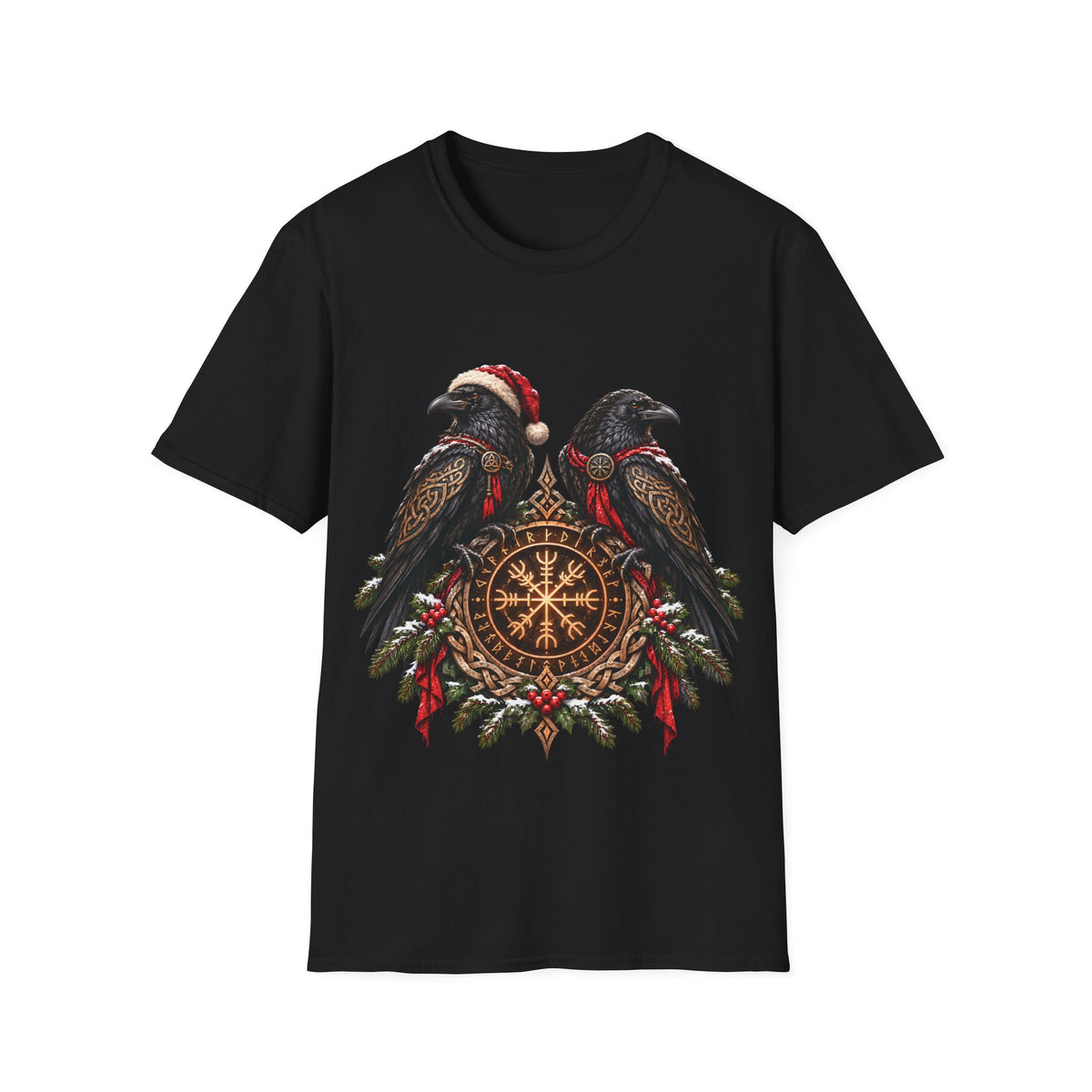 Christmas Ravens T-Shirt – Nordic Viking Holiday Raven Tee with Norse Knotwork