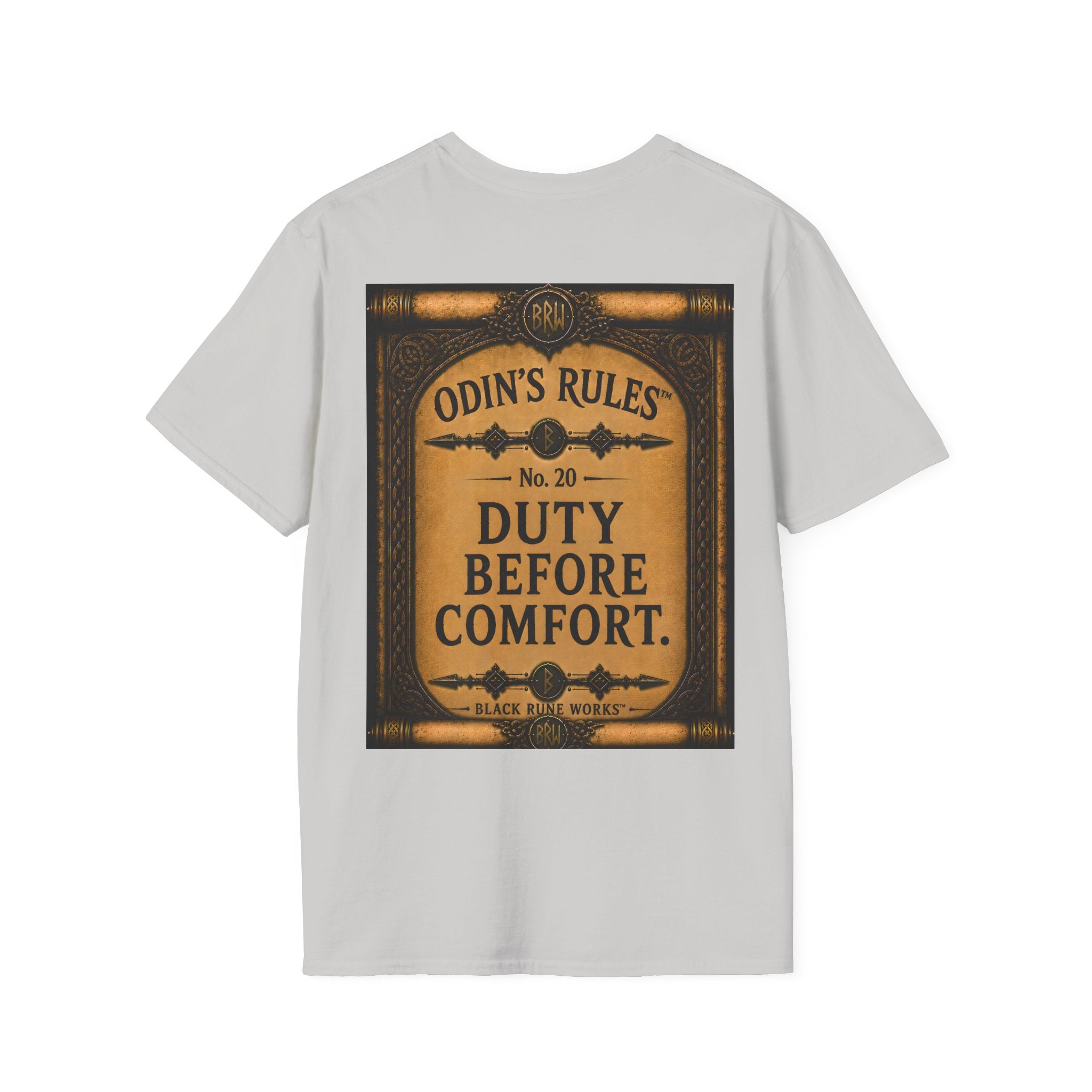 ODIN'S RULES™ No. 20 | Duty Before Comfort | Viking Scroll Graphic T-Shirt | Black Rune Works